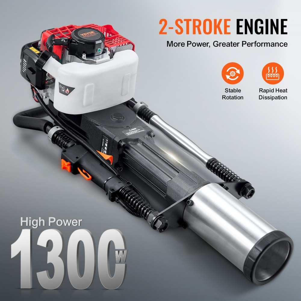 VEVOR 52cc Gas-Powered T Post Driver, 2-Stroke Engine Gasoline Fence Piling Pounder, 1300W Portable Piledriver with 3 Post Driving Head(49/69/100 mm) , For Farm, Ranch Fencing, Road Improvements