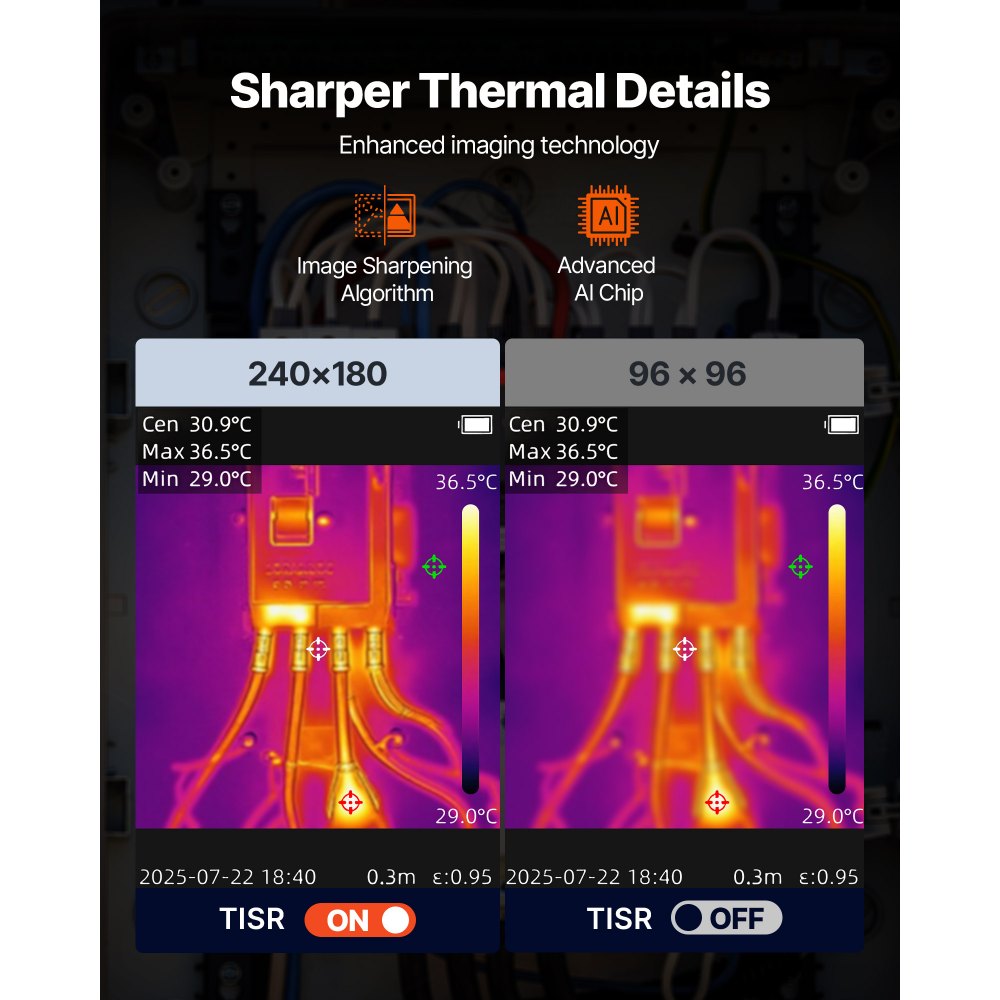 Termokamera VEVOR, TISR Super rozlíšenie 240x180, termokamera s 2MP vizuálnou kamerou, rozlíšenie IR 96x96, obnovovacia frekvencia 25 Hz, -4 °F až 1022 °F, 4 režimy obrazu a 6 farebných paliet