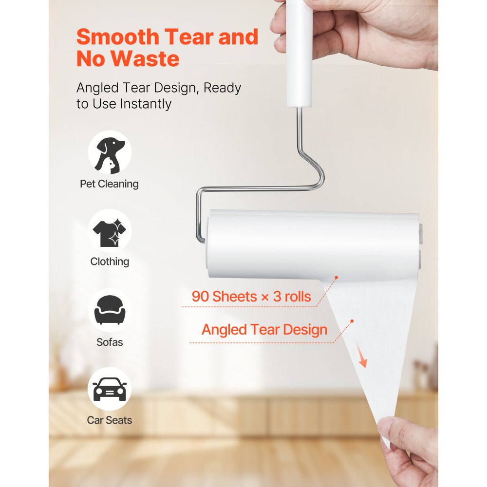 VEVOR Sticky Lint Roller, 3 Pack Large Pet Hair Rollers Remover Set, 270 Sheets Extra Sticky Lint Roller with Upgraded Handle, Portable Cat and Dog Hair Remover for Carpet, Couch, Clothing and Bedding