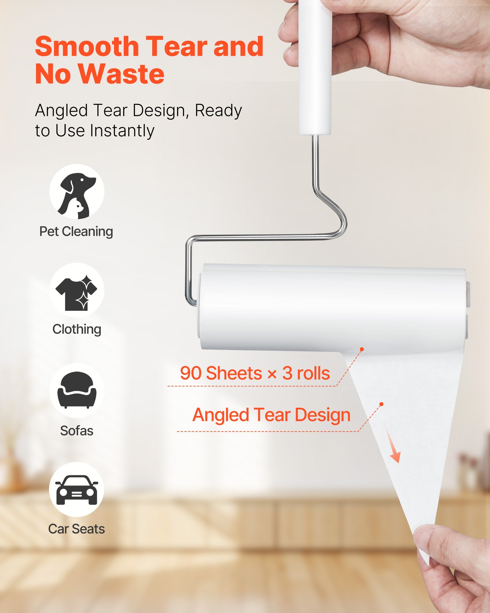 VEVOR Sticky Lint Roller, 3 Pack Large Pet Hair Rollers Remover Set, 270 Sheets Extra Sticky Lint Roller with Upgraded Handle, Portable Cat and Dog Hair Remover for Carpet, Couch, Clothing and Bedding