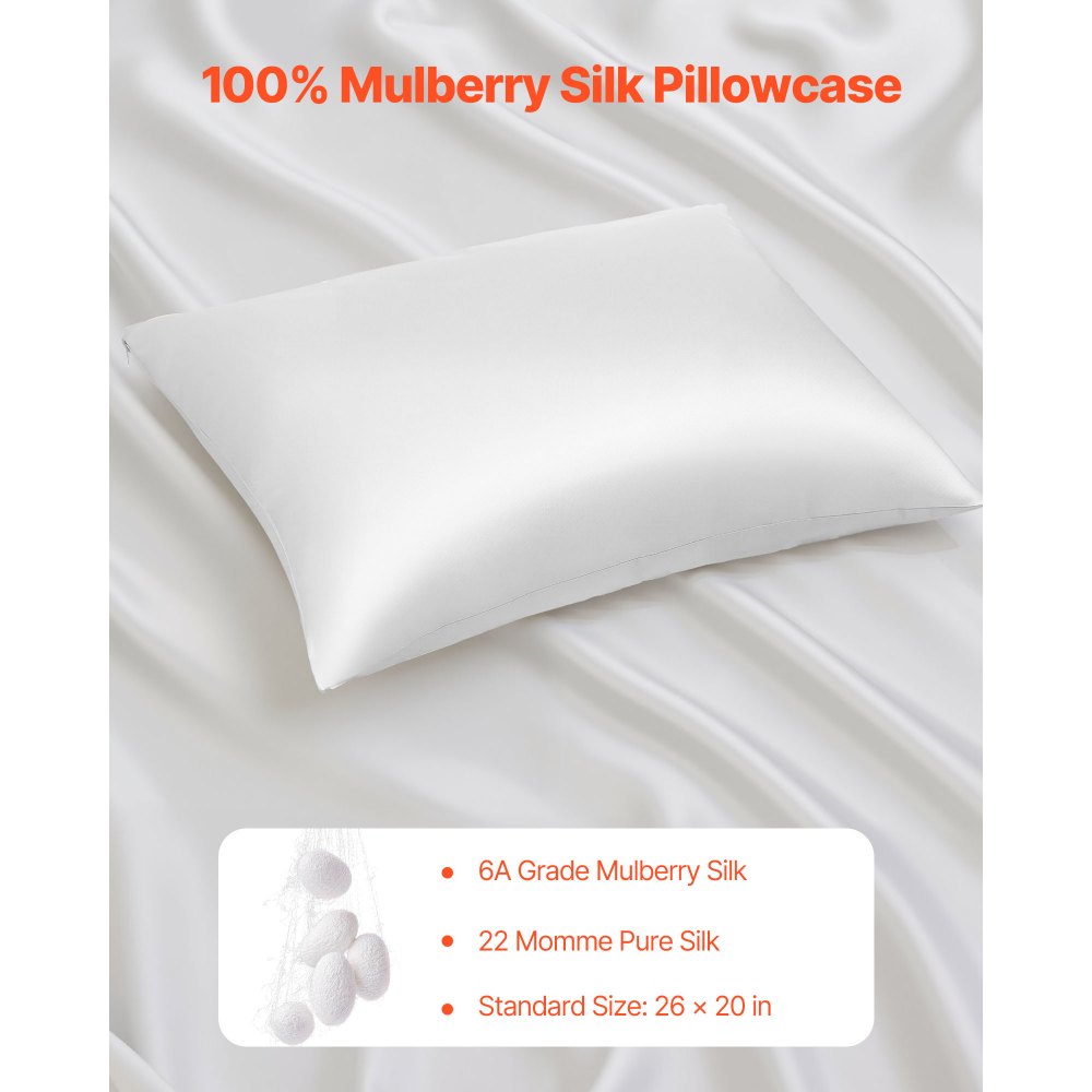 VEVOR Silk Pillowcase, 100% Pure Mulberry Silk Pillow Case, 26 in x 20 in Standard Silky Pillow Case for Hair and Skin, Smooth, Soft and Breathable Pillowcase with Hidden Zipper, for Sleeping (White)