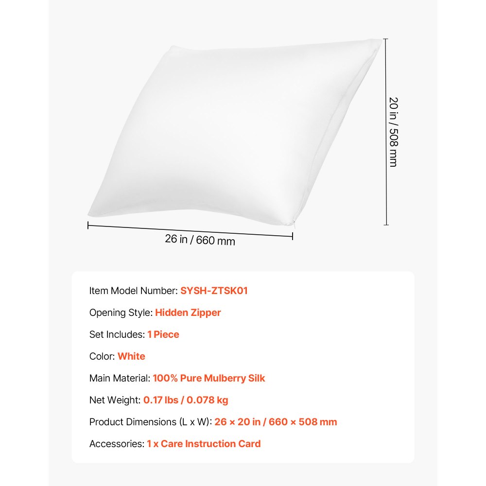 VEVOR Silk Pillowcase, 100% Pure Mulberry Silk Pillow Case, 26 in x 20 in Standard Silky Pillow Case for Hair and Skin, Smooth, Soft and Breathable Pillowcase with Hidden Zipper, for Sleeping (White)
