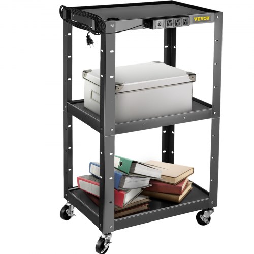VEVOR Steel AV Cart, 24-42" Height Adjustable Media Cart with Electric Power Cord, 24 x 32" Presentation Cart with 3 shelves, 150 LBS Rolling Projector Cart with and 2 Brakes Suitable for load-bearing