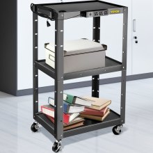 VEVOR Steel AV Cart, 24-42" Height Adjustable Media Cart with Electric Power Cord, 24 x 32" Presentation Cart with 3 shelves, 150 LBS Rolling Projector Cart with and 2 Brakes Suitable for load-bearing