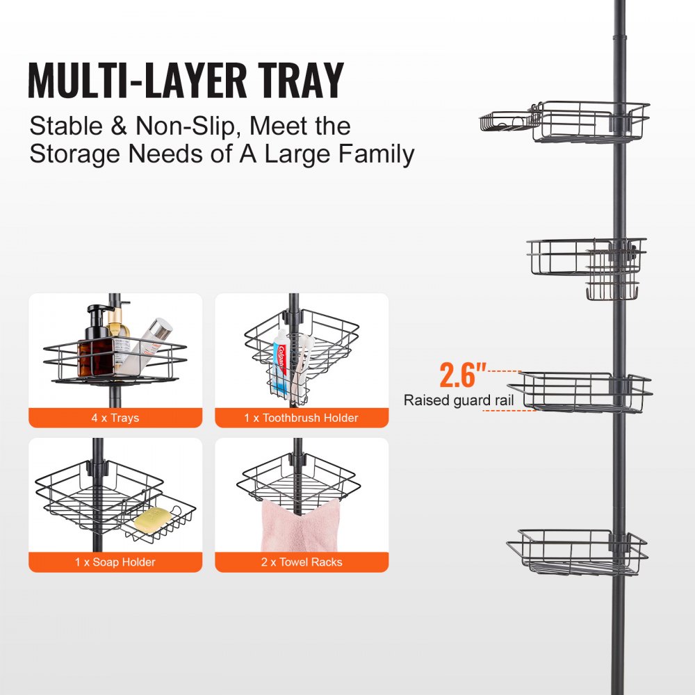VEVOR Shower Corner Caddy Tension Pole, 42" to 114" High, Multi-Functional Shower Tension Pole with Strong Load-Bearing Tray, Rust-Proof Easy-to-Install Tension Pole, Fit for Bathroom & Washroom