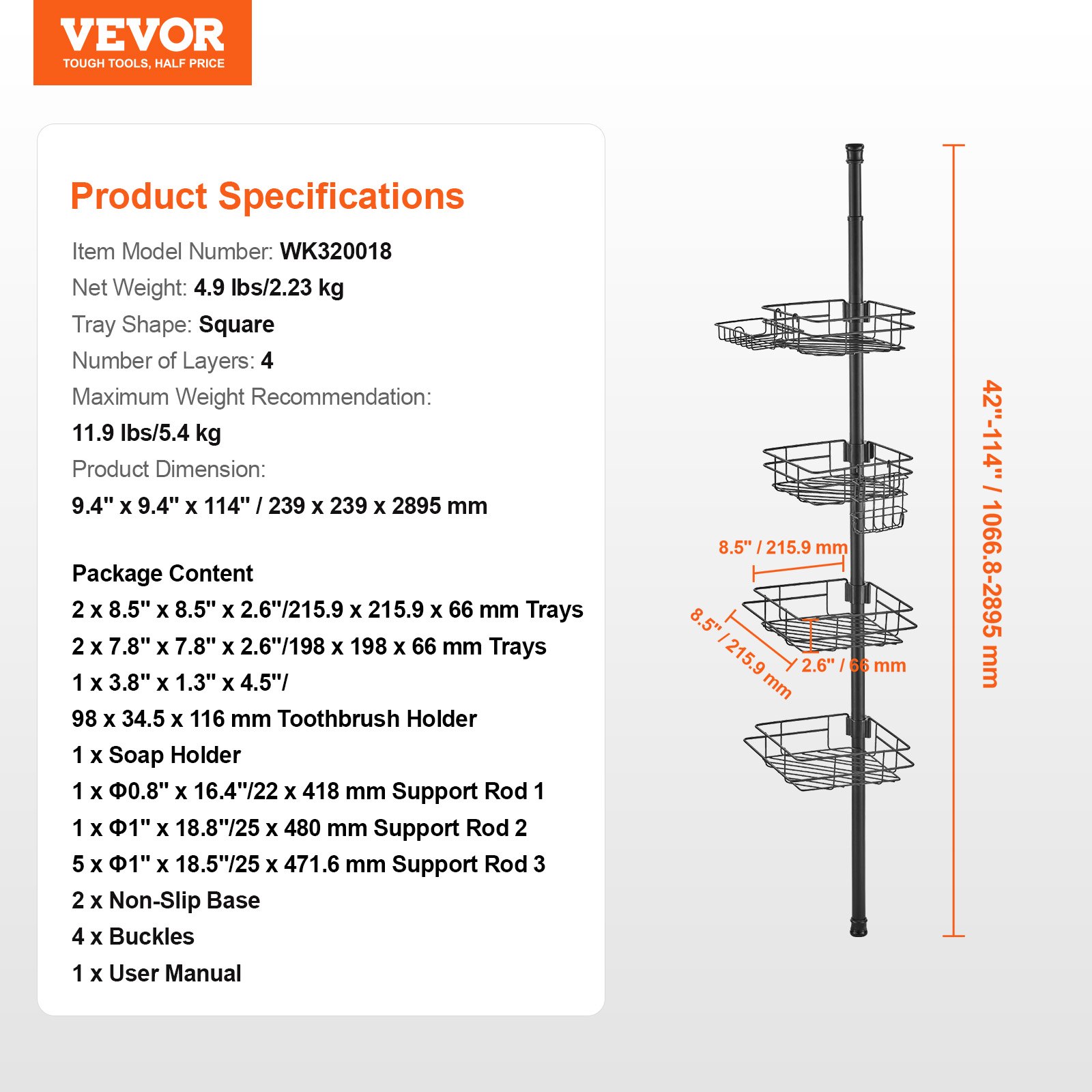 VEVOR Shower Corner Caddy Tension Pole, 42" to 114" High, Multi-Functional Shower Tension Pole with Strong Load-Bearing Tray, Rust-Proof Easy-to-Install Tension Pole, Fit for Bathroom & Washroom