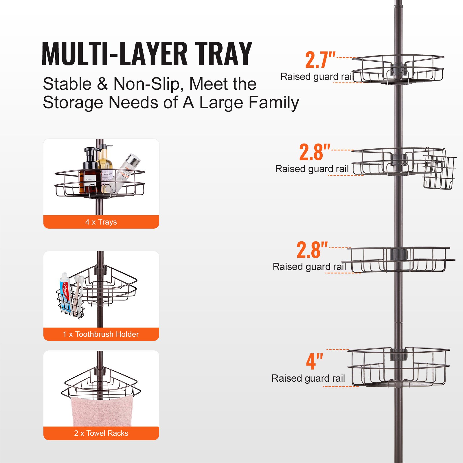 VEVOR Shower Corner Caddy Tension Pole, 56" to 114" High, Multi-Functional Shower Tension Pole with Strong Load-Bearing Tray, Rust-Proof Easy-to-Install Tension Pole, Fit for Bathroom & Washroom