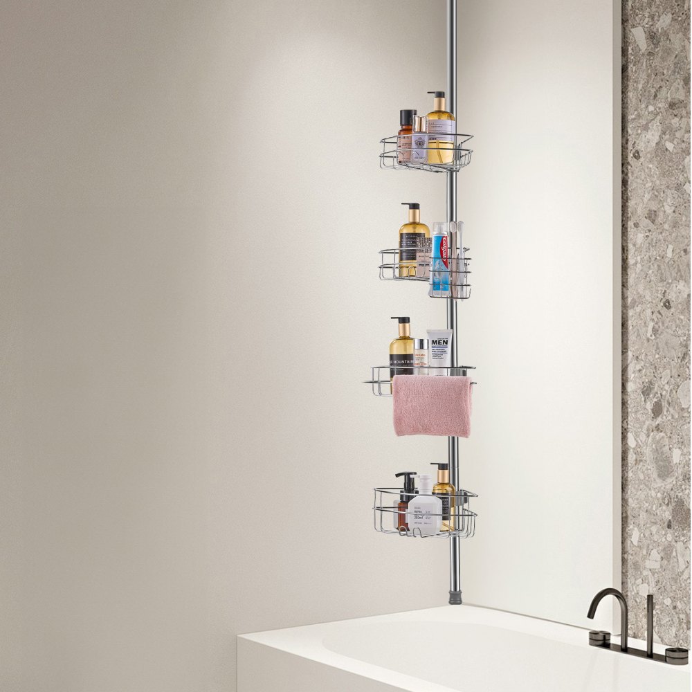 VEVOR Shower Corner Caddy Tension Pole, 56" to 114" High, Multi-Functional Shower Tension Pole with Strong Load-Bearing Tray, Rust-Proof Easy-to-Install Tension Pole, Fit for Bathroom & Washroom