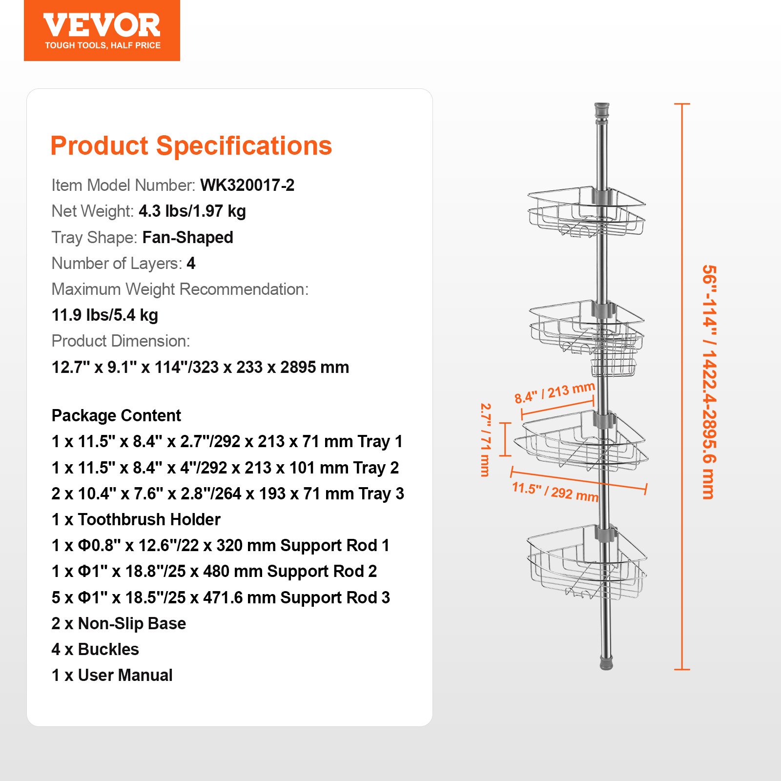 VEVOR Shower Corner Caddy Tension Pole, 56" to 114" High, Multi-Functional Shower Tension Pole with Strong Load-Bearing Tray, Rust-Proof Easy-to-Install Tension Pole, Fit for Bathroom & Washroom