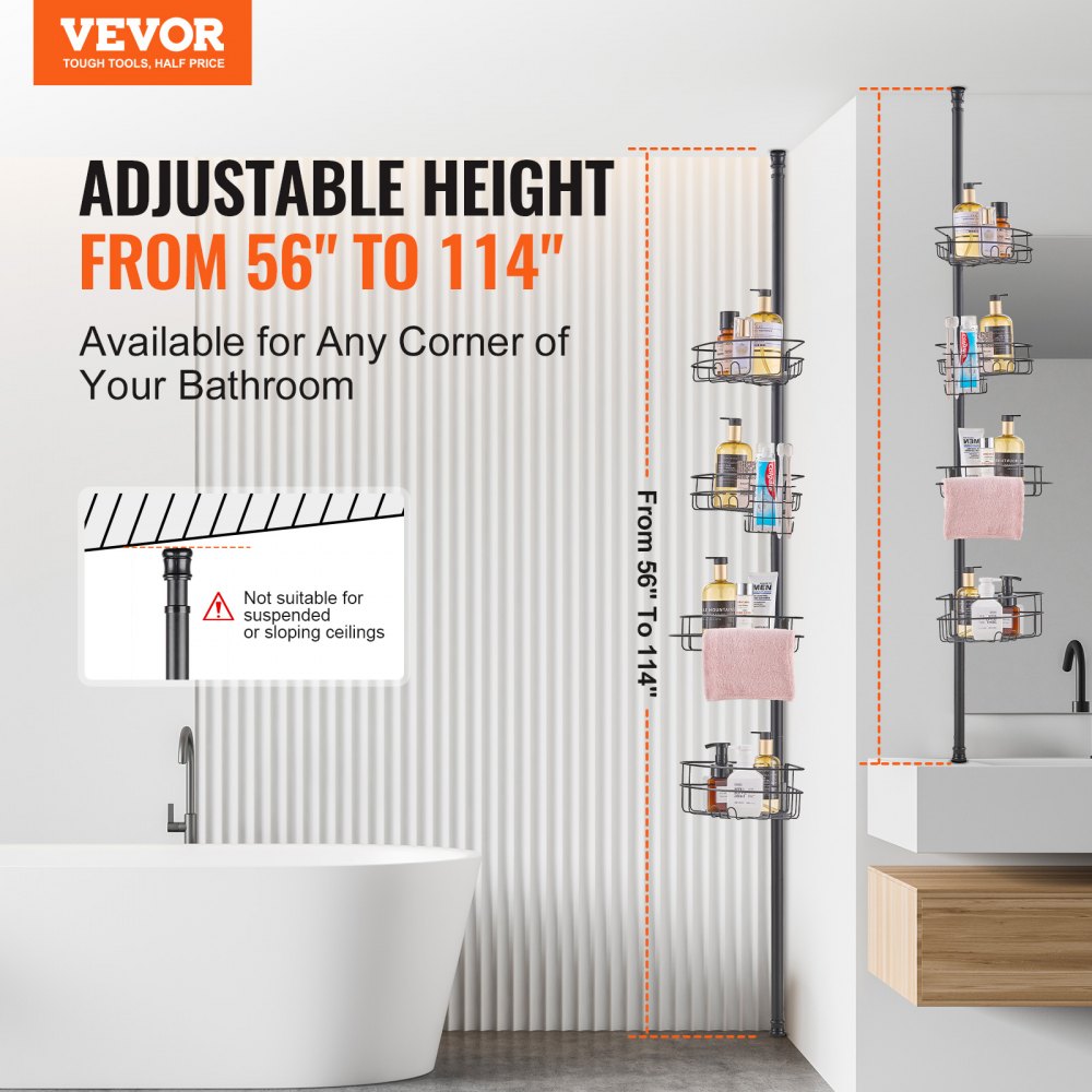 VEVOR Shower Corner Caddy Tension Pole, 56" to 114" High, Multi-Functional Shower Tension Pole with Strong Load-Bearing Tray, Rust-Proof Easy-to-Install Tension Pole, Fit for Bathroom & Washroom