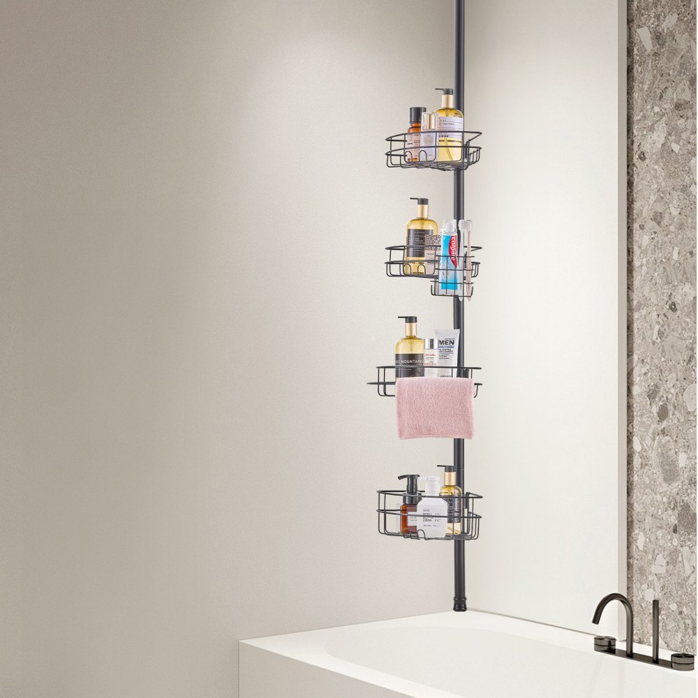 VEVOR Shower Corner Caddy Tension Pole, 56" to 114" High, Multi-Functional Shower Tension Pole with Strong Load-Bearing Tray, Rust-Proof Easy-to-Install Tension Pole, Fit for Bathroom & Washroom