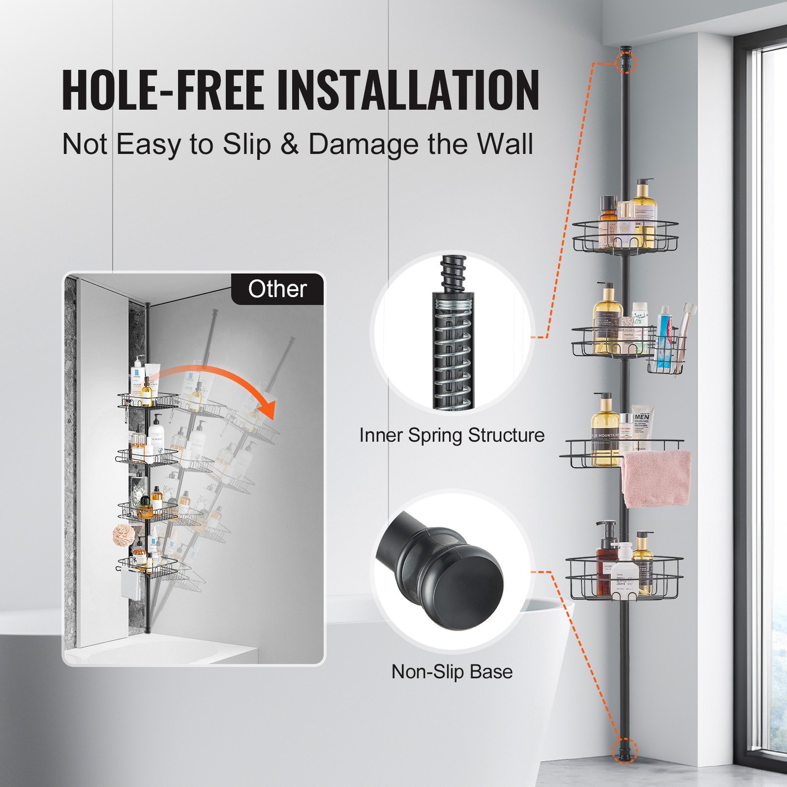 VEVOR Shower Corner Caddy Tension Pole, 56" to 114" High, Multi-Functional Shower Tension Pole with Strong Load-Bearing Tray, Rust-Proof Easy-to-Install Tension Pole, Fit for Bathroom & Washroom