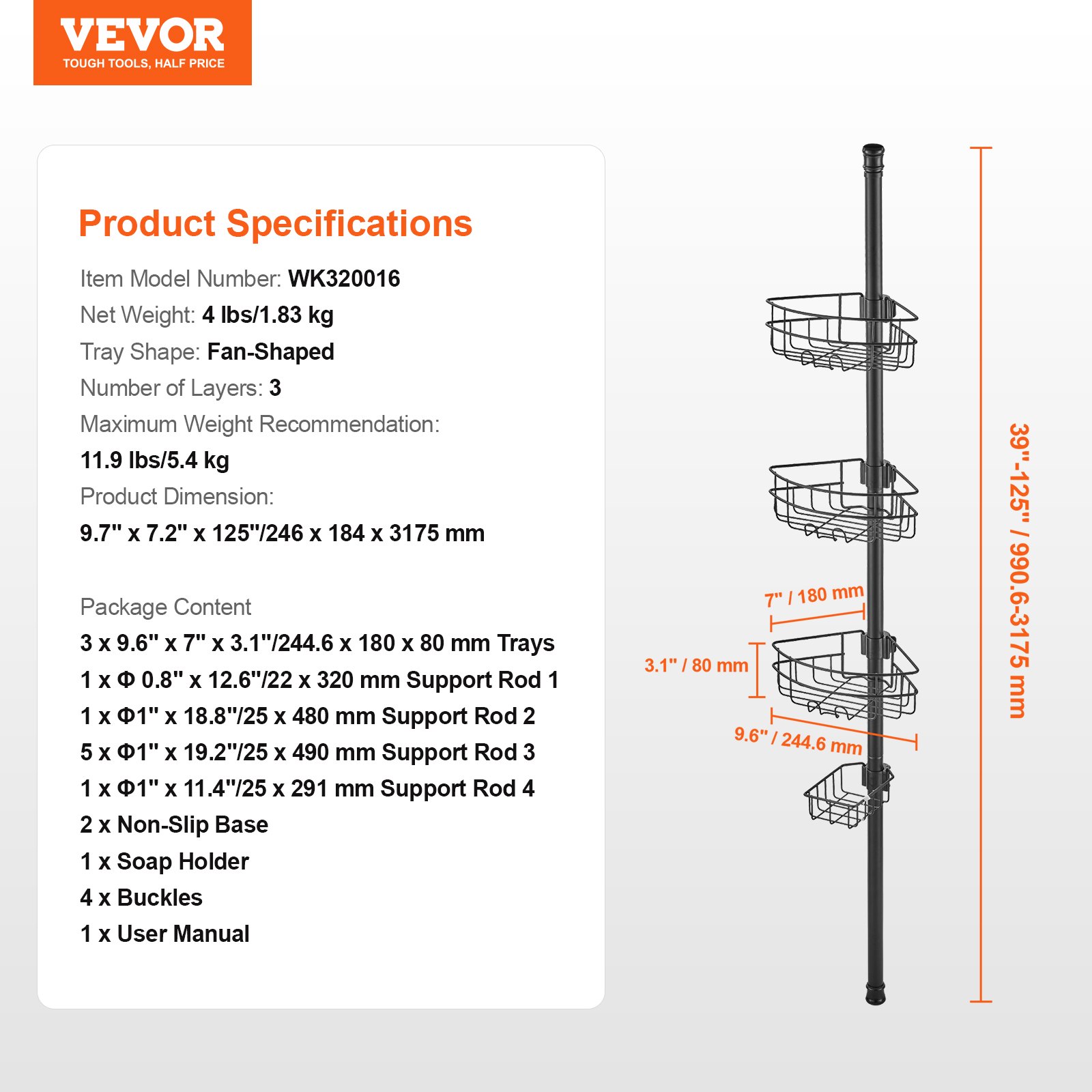 VEVOR Shower Corner Caddy Tension Pole, 39" to 125" High, Multi-Functional Shower Tension Pole with Strong Load-Bearing Tray, Rust-Proof Easy-to-Install Tension Pole, Fit for Bathroom & Washroom