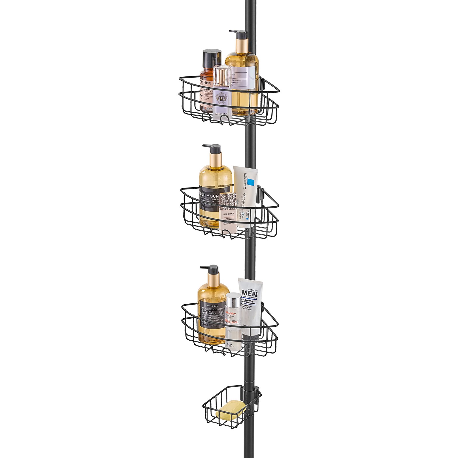 VEVOR Shower Corner Caddy Tension Pole, 39" to 125" High, Multi-Functional Shower Tension Pole with Strong Load-Bearing Tray, Rust-Proof Easy-to-Install Tension Pole, Fit for Bathroom & Washroom