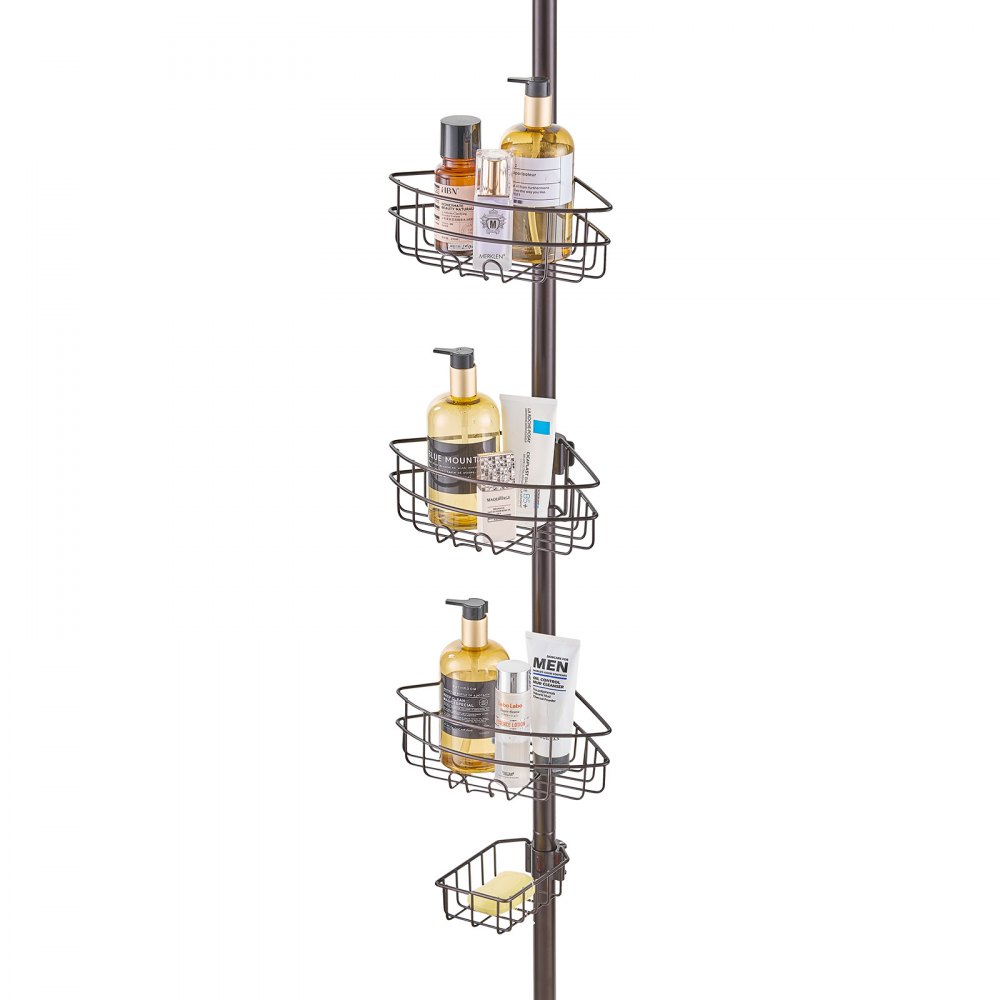 VEVOR Shower Corner Caddy Tension Pole, 39" to 125" High, Multi-Functional Shower Tension Pole with Strong Load-Bearing Tray, Rust-Proof Easy-to-Install Tension Pole, Fit for Bathroom & Washroom