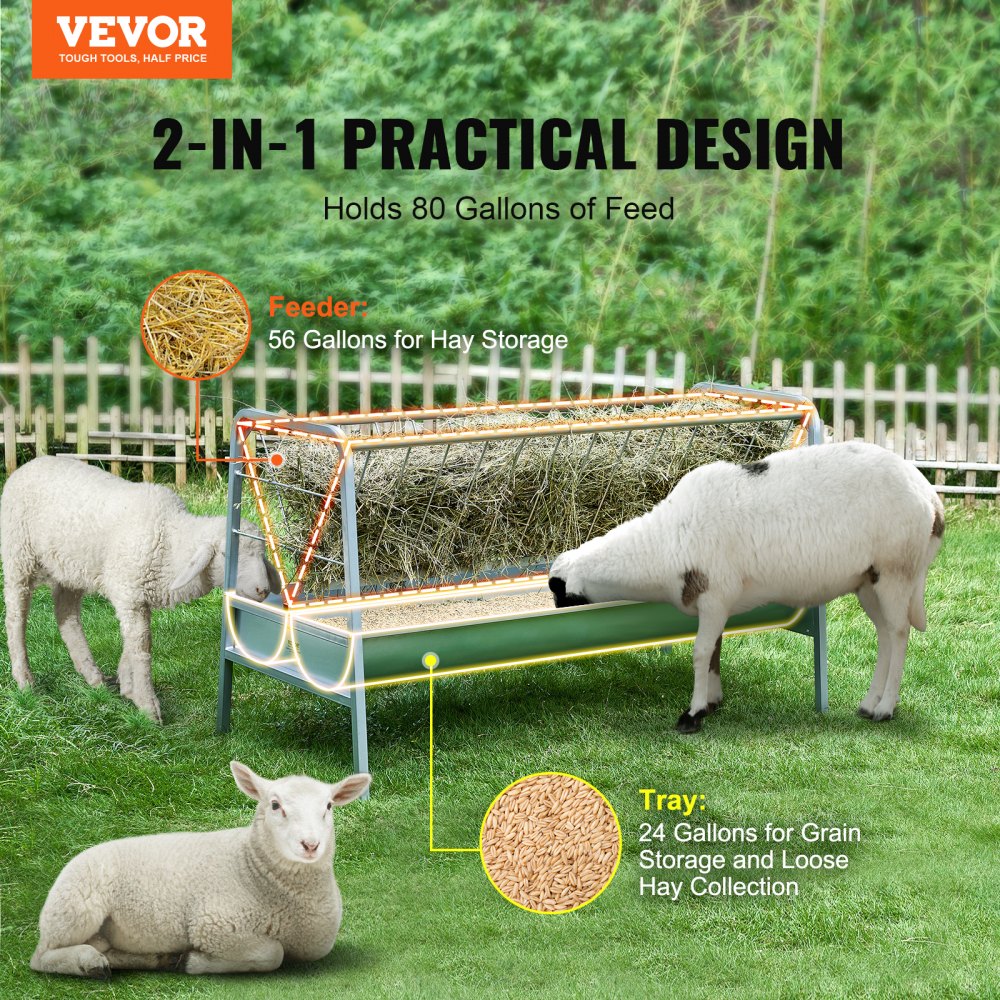 VEVOR Livestock Hay Feeder, 2 in 1 Grain & Hay Feeder, 80-Gallon Capacity Pasture Feeder, 59" Long Goat Hay Feeder with Deeper Feeding Pan, Heavy Duty Steel Grain & Hay Holder for Sheep Farms Sheds