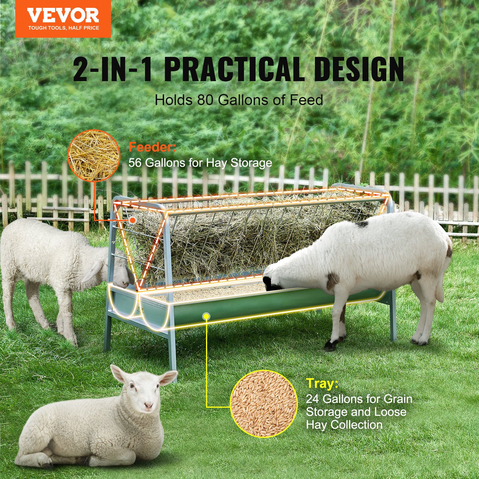 VEVOR Livestock Hay Feeder, 2 in 1 Grain & Hay Feeder, 80-Gallon Capacity Pasture Feeder, 59" Long Goat Hay Feeder with Deeper Feeding Pan, Heavy Duty Steel Grain & Hay Holder for Sheep Farms Sheds
