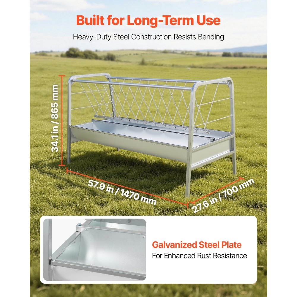 VEVOR Livestock Hay Feeder, 2 in 1 Grain & Hay Feeder, 300L Capacity, 147 cm Long Goat Pasture Feeding with Deeper Feeding Pan, Heavy Duty Steel Grain Holder for Sheep Sheds, Farms, Horse Barns, Yards