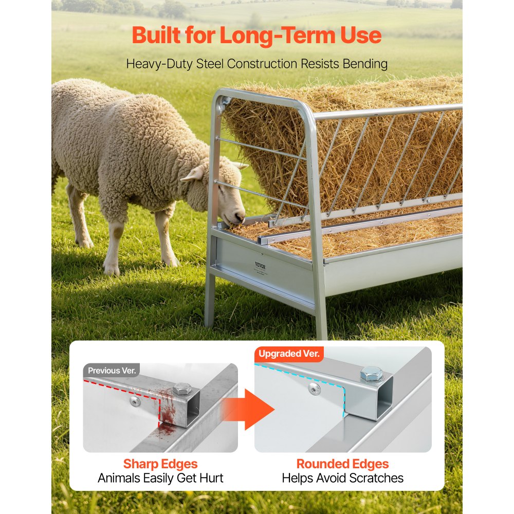 VEVOR Livestock Hay Feeder, 2 in 1 Grain & Hay Feeder, 300L Capacity, 147 cm Long Goat Pasture Feeding with Deeper Feeding Pan, Heavy Duty Steel Grain Holder for Sheep Sheds, Farms, Horse Barns, Yards