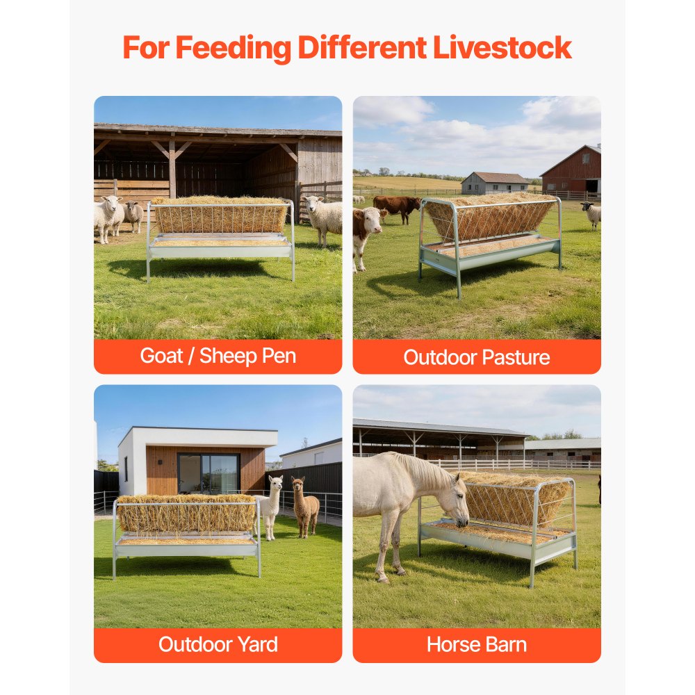 VEVOR Livestock Hay Feeder, 2 in 1 Grain & Hay Feeder, 300L Capacity, 147 cm Long Goat Pasture Feeding with Deeper Feeding Pan, Heavy Duty Steel Grain Holder for Sheep Sheds, Farms, Horse Barns, Yards