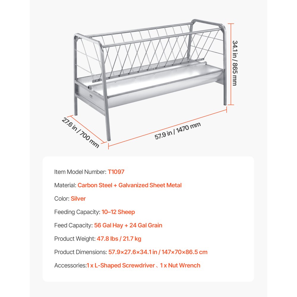 VEVOR Livestock Hay Feeder, 2 in 1 Grain & Hay Feeder, 300L Capacity, 147 cm Long Goat Pasture Feeding with Deeper Feeding Pan, Heavy Duty Steel Grain Holder for Sheep Sheds, Farms, Horse Barns, Yards