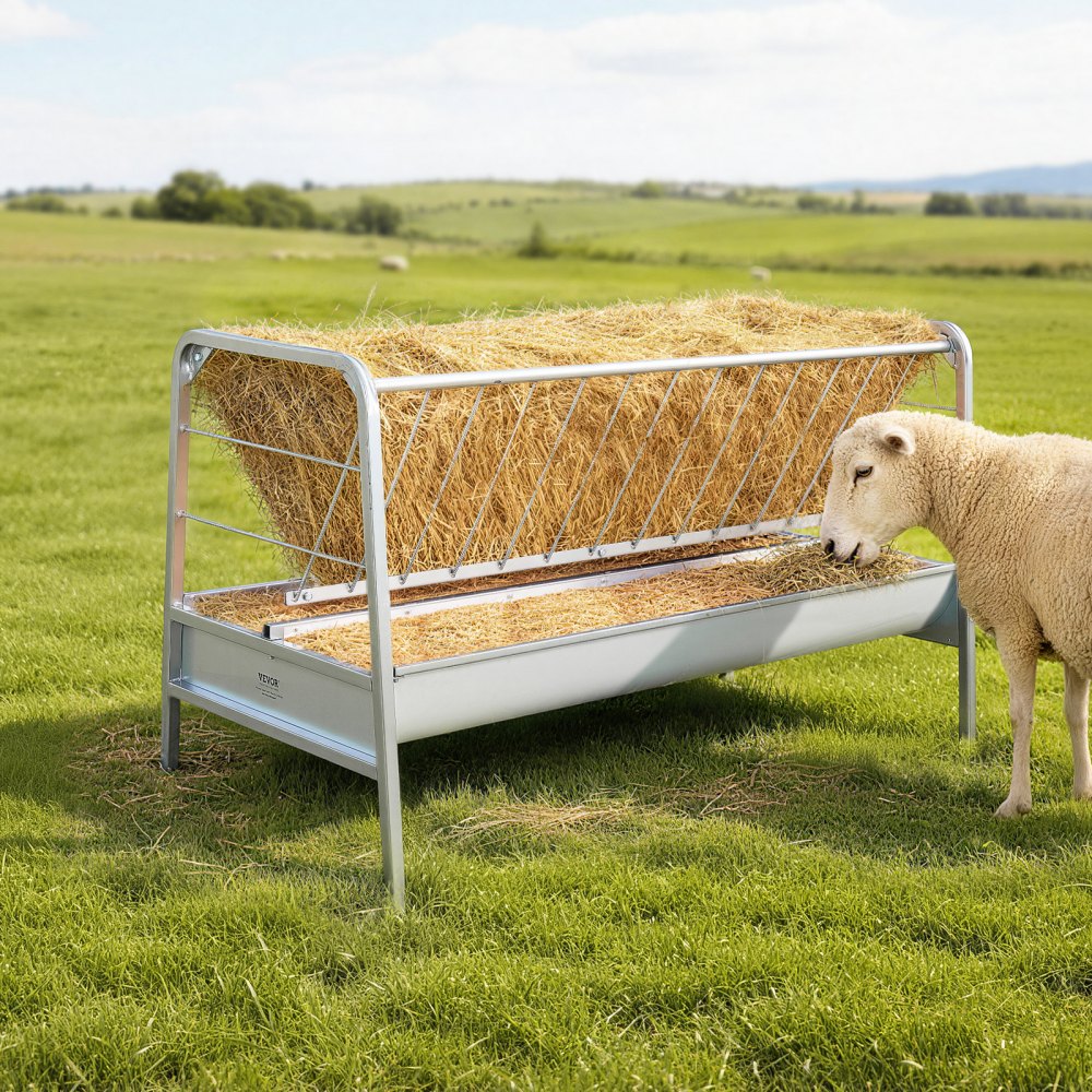 VEVOR Livestock Hay Feeder, 2 in 1 Grain & Hay Feeder, 300L Capacity, 147 cm Long Goat Pasture Feeding with Deeper Feeding Pan, Heavy Duty Steel Grain Holder for Sheep Sheds, Farms, Horse Barns, Yards