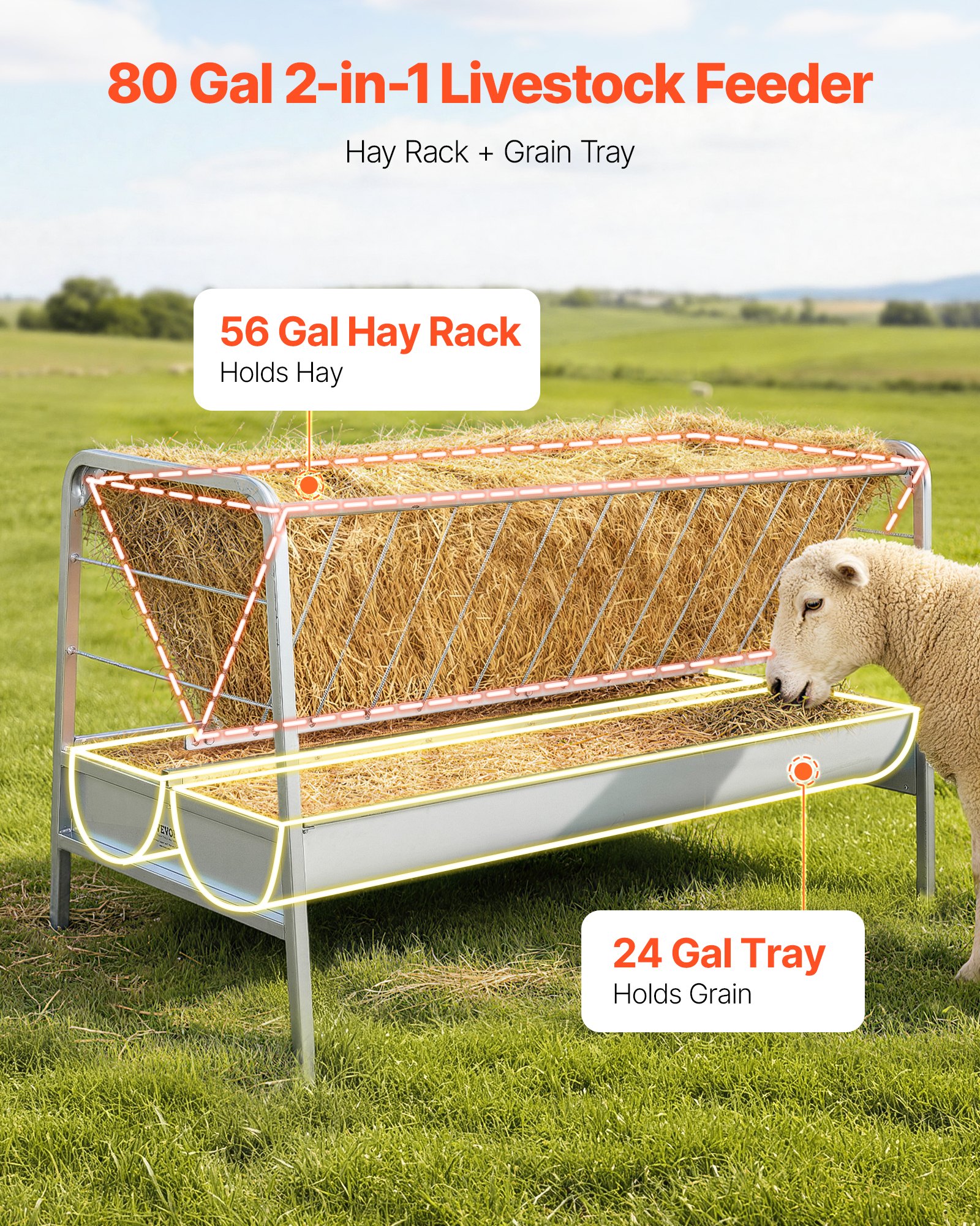 VEVOR Livestock Hay Feeder, 2 in 1 Grain & Hay Feeder, 300L Capacity, 147 cm Long Goat Pasture Feeding with Deeper Feeding Pan, Heavy Duty Steel Grain Holder for Sheep Sheds, Farms, Horse Barns, Yards