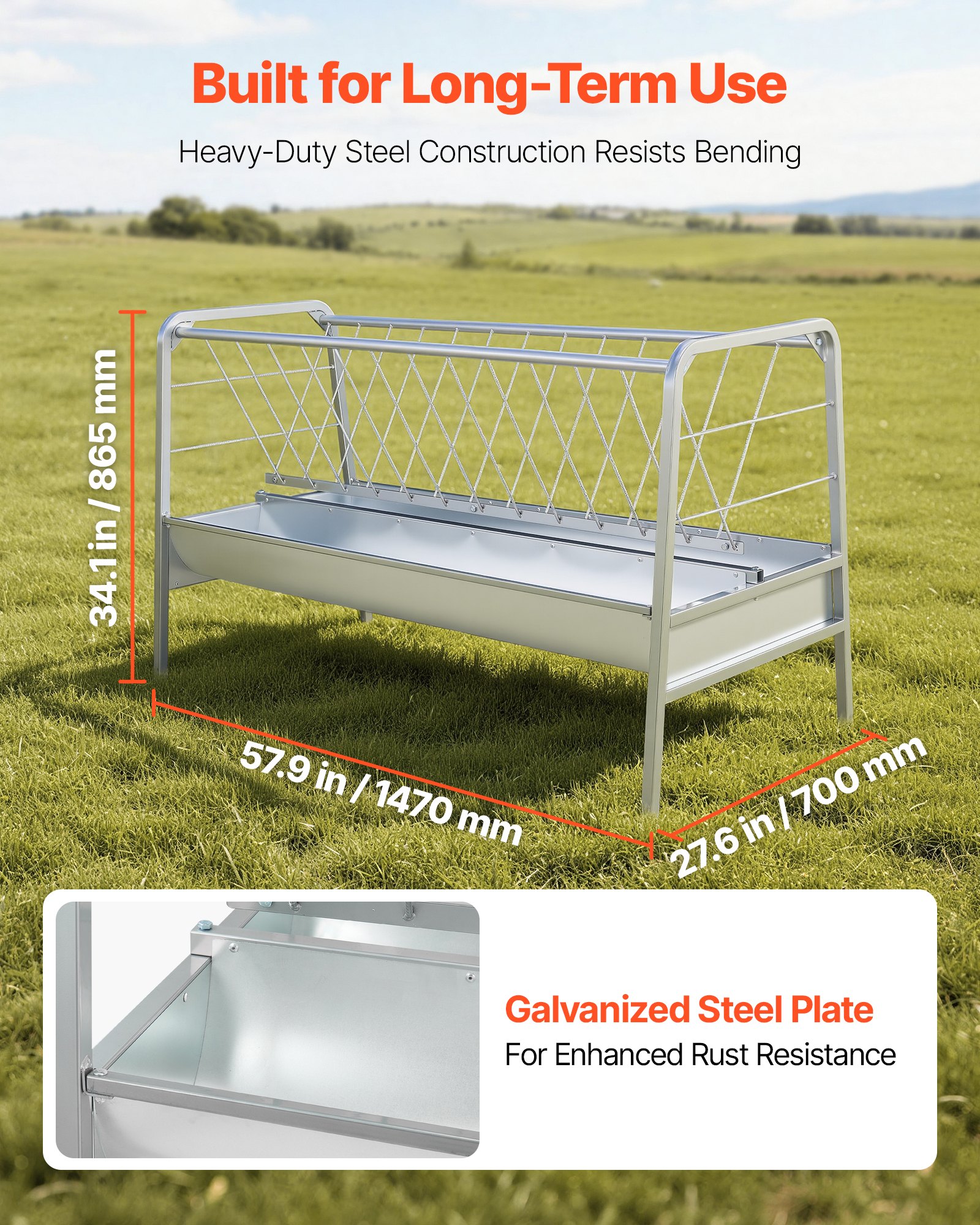 VEVOR Livestock Hay Feeder, 2 in 1 Grain & Hay Feeder, 300L Capacity, 147 cm Long Goat Pasture Feeding with Deeper Feeding Pan, Heavy Duty Steel Grain Holder for Sheep Sheds, Farms, Horse Barns, Yards