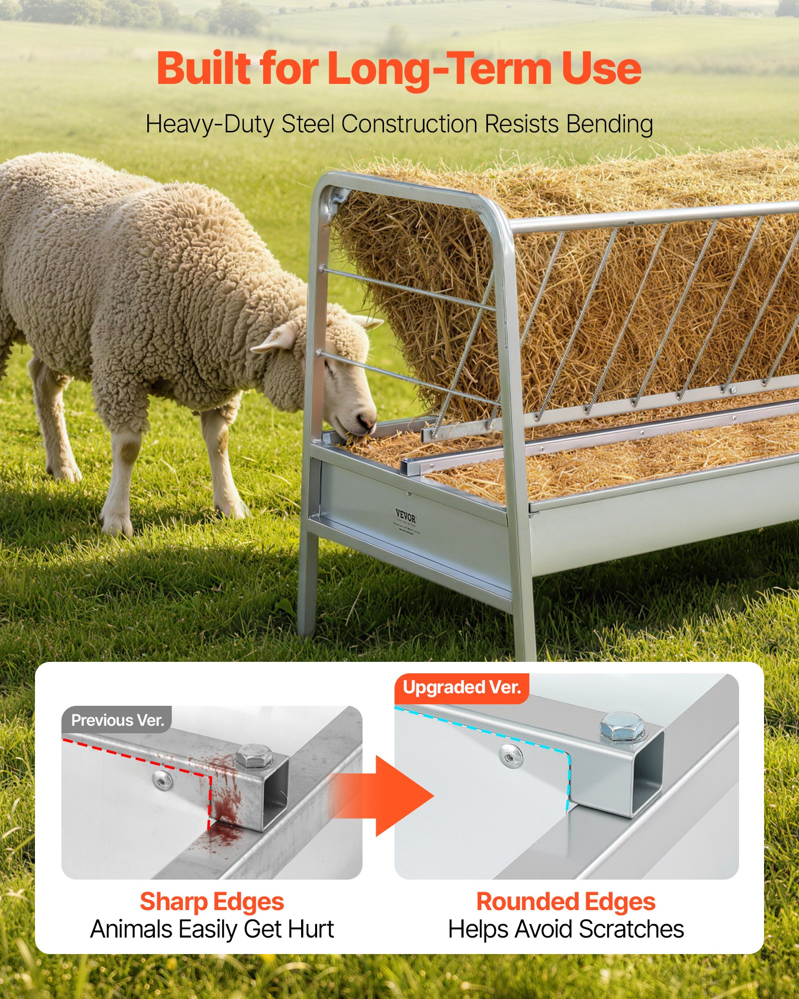 VEVOR Livestock Hay Feeder, 2 in 1 Grain & Hay Feeder, 300L Capacity, 147 cm Long Goat Pasture Feeding with Deeper Feeding Pan, Heavy Duty Steel Grain Holder for Sheep Sheds, Farms, Horse Barns, Yards
