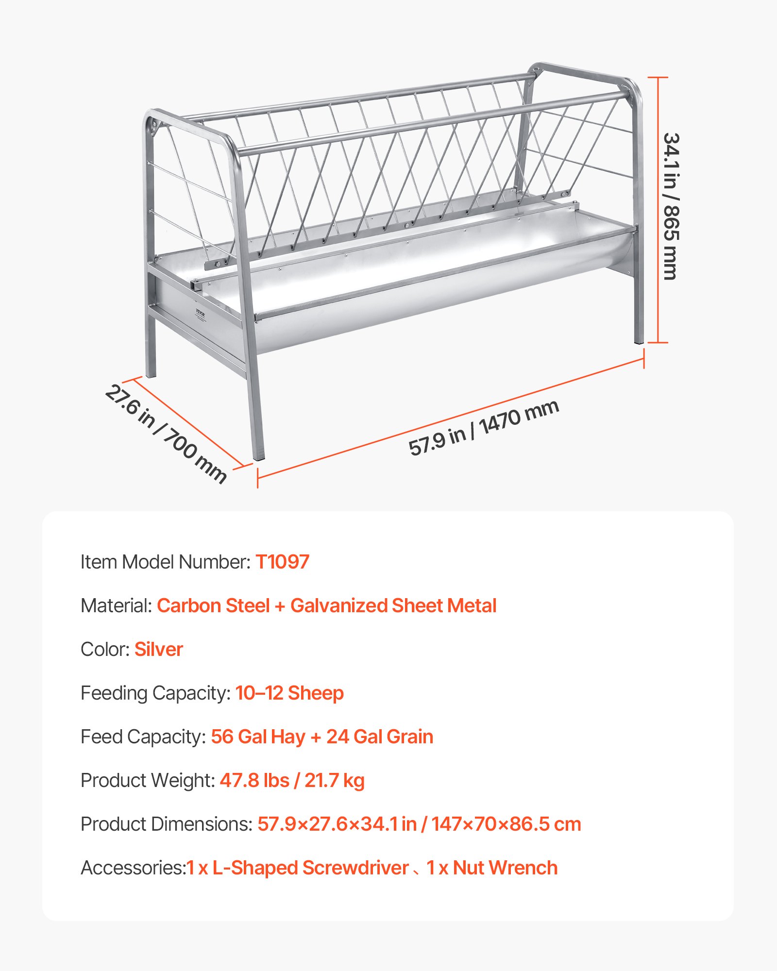 VEVOR Livestock Hay Feeder, 2 in 1 Grain & Hay Feeder, 300L Capacity, 147 cm Long Goat Pasture Feeding with Deeper Feeding Pan, Heavy Duty Steel Grain Holder for Sheep Sheds, Farms, Horse Barns, Yards