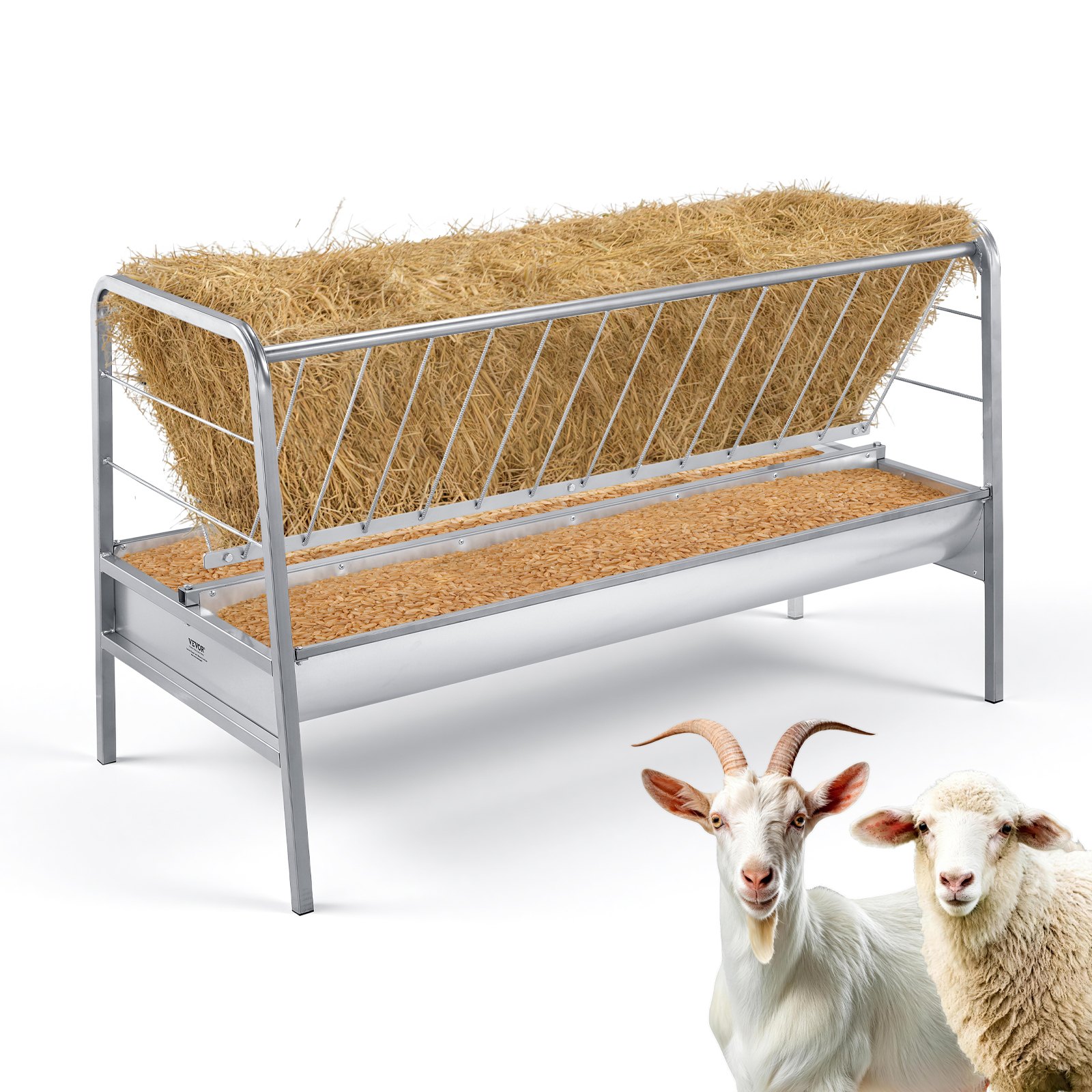 VEVOR Livestock Hay Feeder, 2 in 1 Grain & Hay Feeder, 300L Capacity, 147 cm Long Goat Pasture Feeding with Deeper Feeding Pan, Heavy Duty Steel Grain Holder for Sheep Sheds, Farms, Horse Barns, Yards