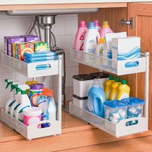 VEVOR Under Sink Organizer, 2 Pack 2-Tier Pull Out Cabinet Organizer with 4-Level Height Adjustment, Metal Slide Out Shelf, Multi-Purpose Cabinet Organizers and Storage for Bathroom & Kitchen, White
