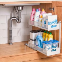 VEVOR Under Sink Organizer, 2 Pack 2-Tier Pull Out Cabinet Organizer with 4-Level Height Adjustment, Metal Slide Out Shelf, Multi-Purpose Cabinet Organizers and Storage for Bathroom & Kitchen, White
