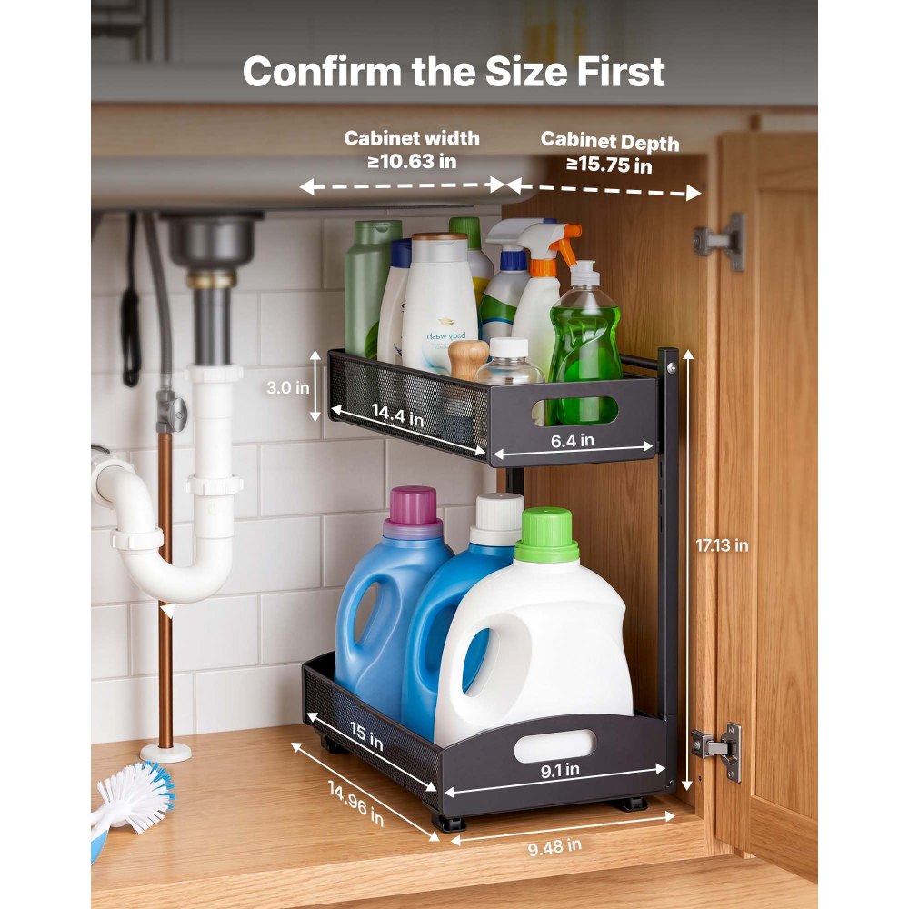 VEVOR Under Sink Organizer, 2 Pack 2-Tier Pull Out Cabinet Organizer with 4-Level Height Adjustment, Metal Slide Out Shelf, Multi-Purpose Cabinet Organizers and Storage for Bathroom & Kitchen, Black
