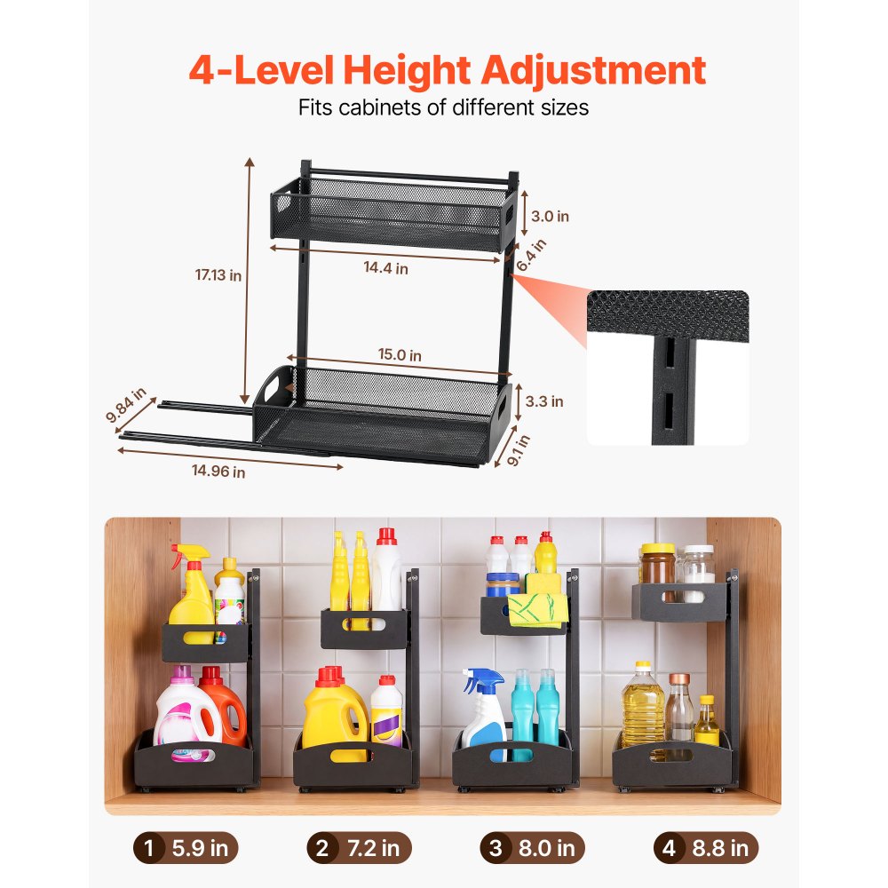 VEVOR Under Sink Organizer, 2 Pack 2-Tier Pull Out Cabinet Organizer with 4-Level Height Adjustment, Metal Slide Out Shelf, Multi-Purpose Cabinet Organizers and Storage for Bathroom & Kitchen, Black