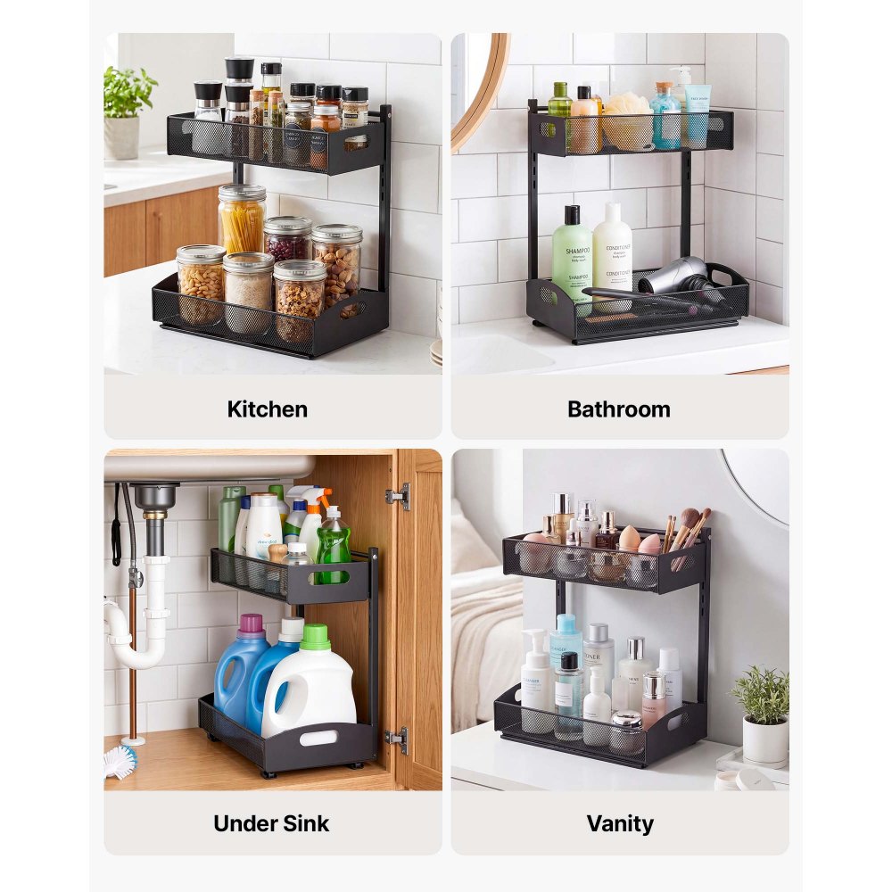 VEVOR Under Sink Organizer, 2 Pack 2-Tier Pull Out Cabinet Organizer with 4-Level Height Adjustment, Metal Slide Out Shelf, Multi-Purpose Cabinet Organizers and Storage for Bathroom & Kitchen, Black