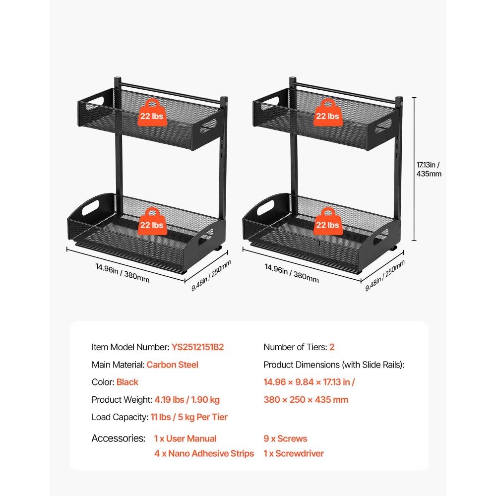 VEVOR Under Sink Organizer, 2 Pack 2-Tier Pull Out Cabinet Organizer with 4-Level Height Adjustment, Metal Slide Out Shelf, Multi-Purpose Cabinet Organizers and Storage for Bathroom & Kitchen, Black