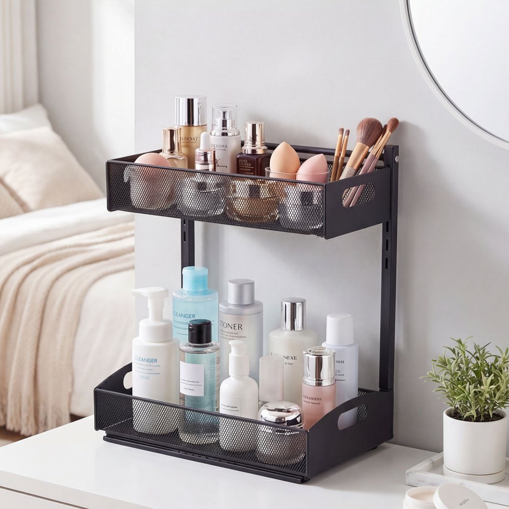 VEVOR Under Sink Organizer, 2 Pack 2-Tier Pull Out Cabinet Organizer with 4-Level Height Adjustment, Metal Slide Out Shelf, Multi-Purpose Cabinet Organizers and Storage for Bathroom & Kitchen, Black