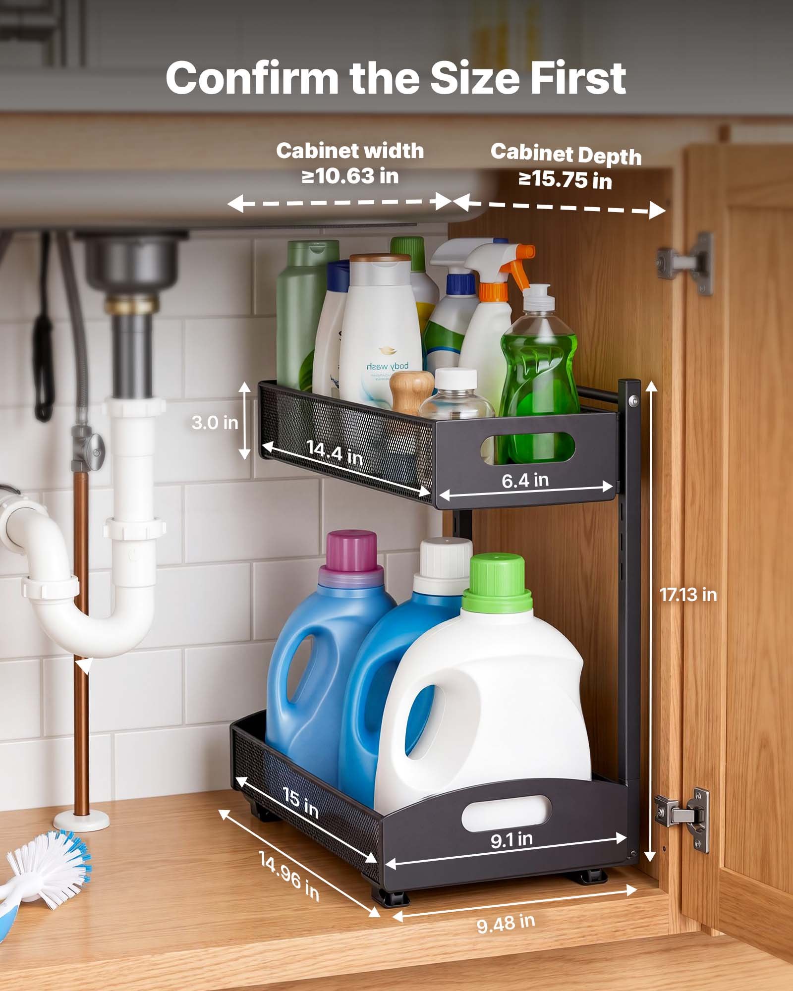 VEVOR Under Sink Organizer, 2 Pack 2-Tier Pull Out Cabinet Organizer with 4-Level Height Adjustment, Metal Slide Out Shelf, Multi-Purpose Cabinet Organizers and Storage for Bathroom & Kitchen, Black