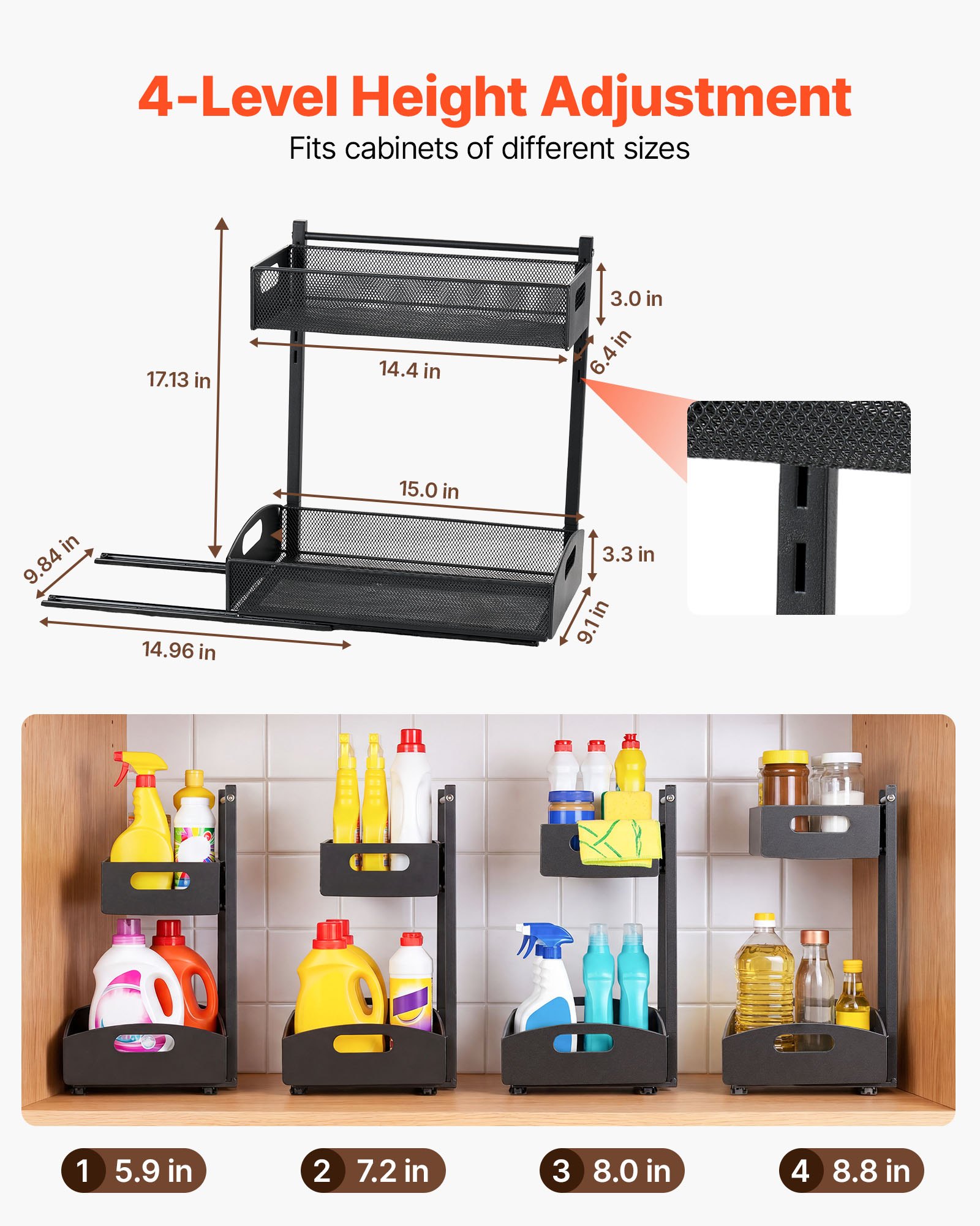 VEVOR Under Sink Organizer, 2 Pack 2-Tier Pull Out Cabinet Organizer with 4-Level Height Adjustment, Metal Slide Out Shelf, Multi-Purpose Cabinet Organizers and Storage for Bathroom & Kitchen, Black