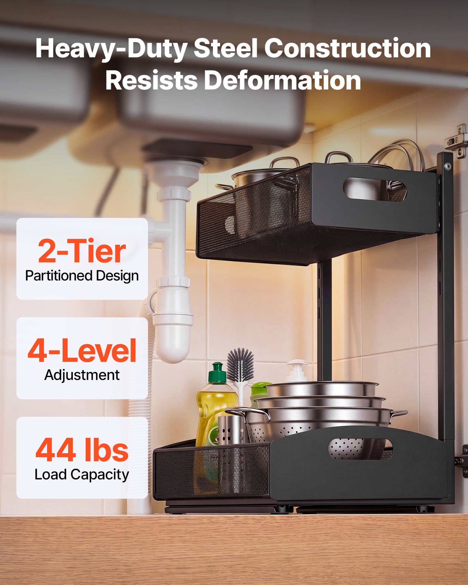 VEVOR Under Sink Organizer, 2 Pack 2-Tier Pull Out Cabinet Organizer with 4-Level Height Adjustment, Metal Slide Out Shelf, Multi-Purpose Cabinet Organizers and Storage for Bathroom & Kitchen, Black