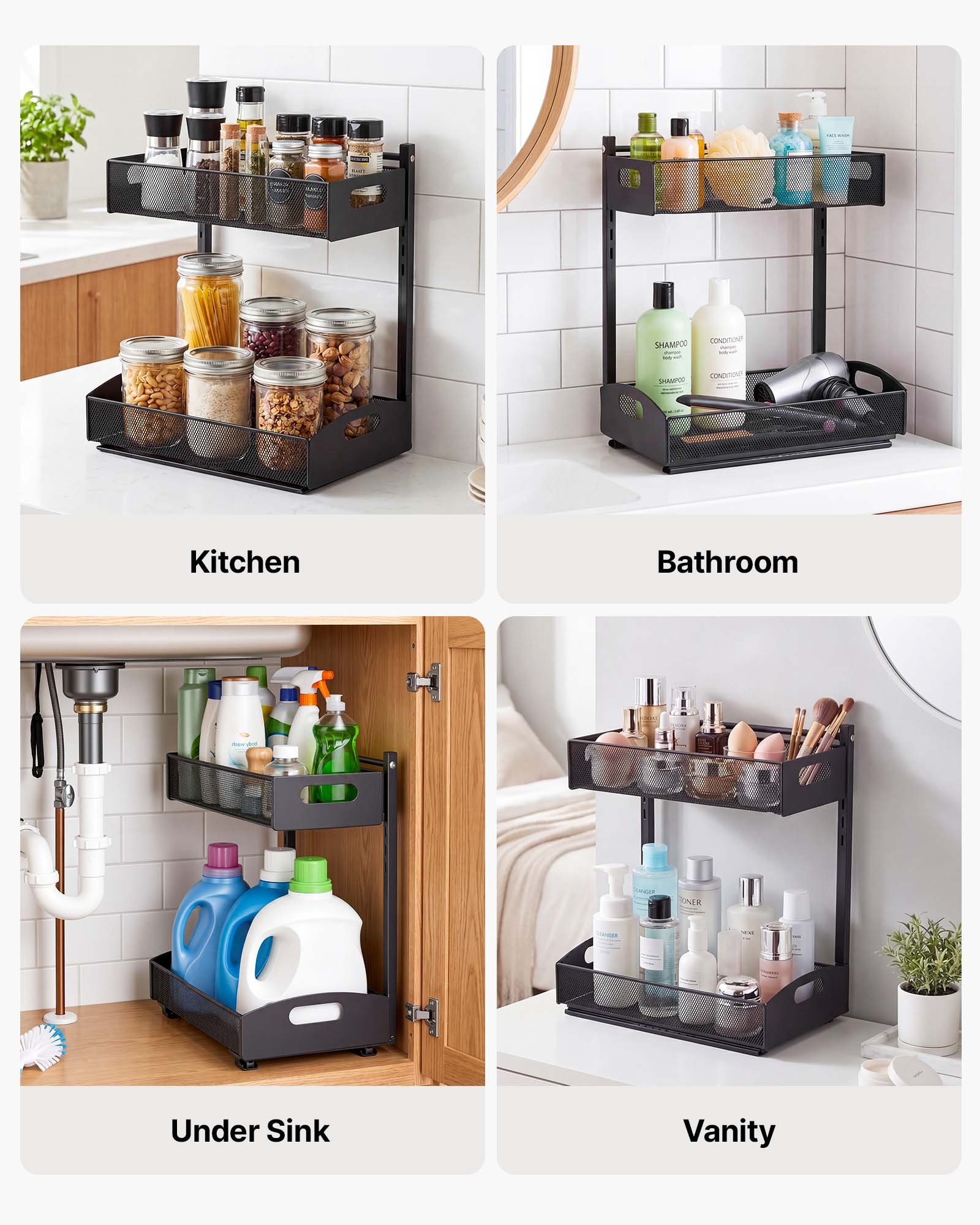VEVOR Under Sink Organizer, 2 Pack 2-Tier Pull Out Cabinet Organizer with 4-Level Height Adjustment, Metal Slide Out Shelf, Multi-Purpose Cabinet Organizers and Storage for Bathroom & Kitchen, Black