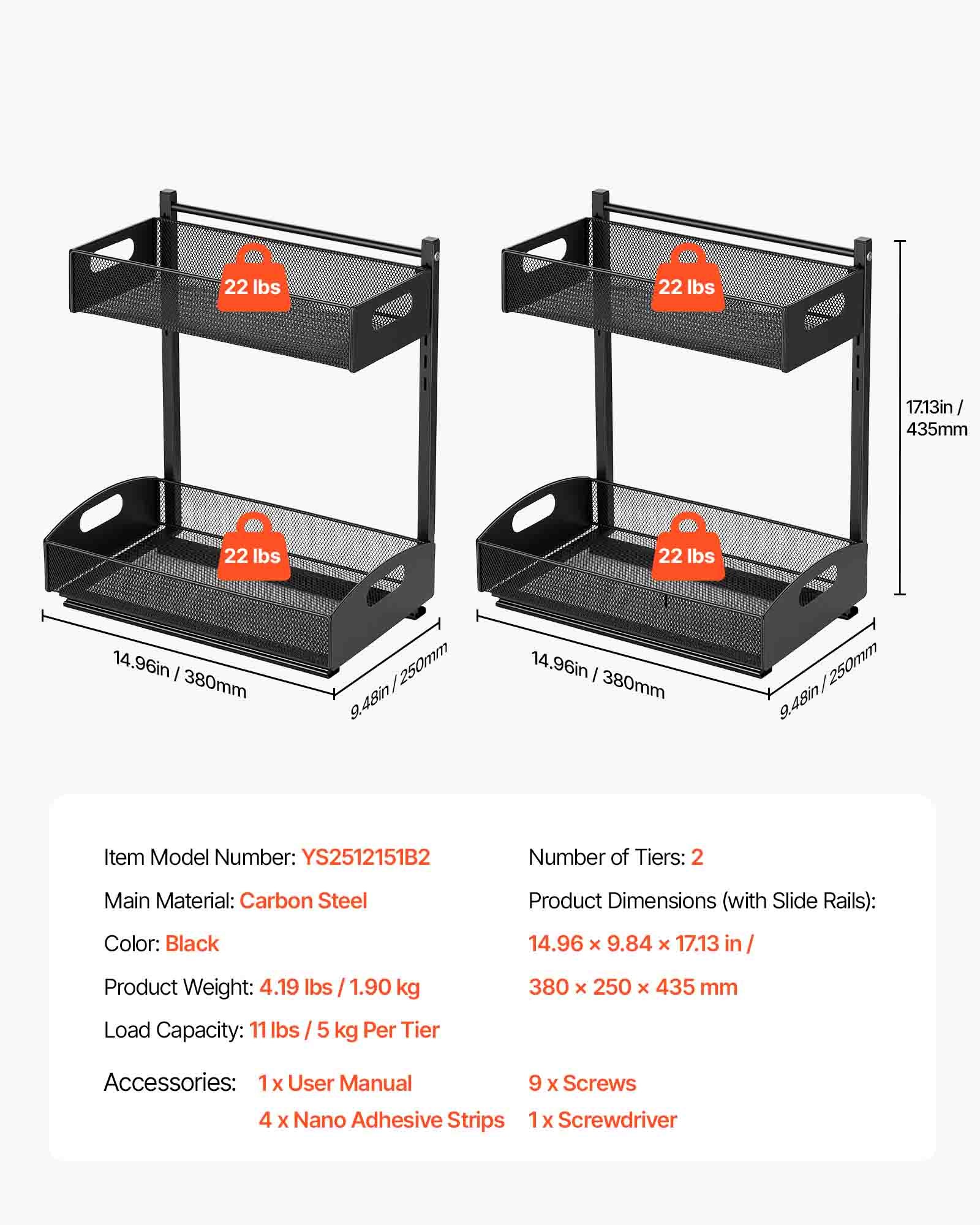 VEVOR Under Sink Organizer, 2 Pack 2-Tier Pull Out Cabinet Organizer with 4-Level Height Adjustment, Metal Slide Out Shelf, Multi-Purpose Cabinet Organizers and Storage for Bathroom & Kitchen, Black