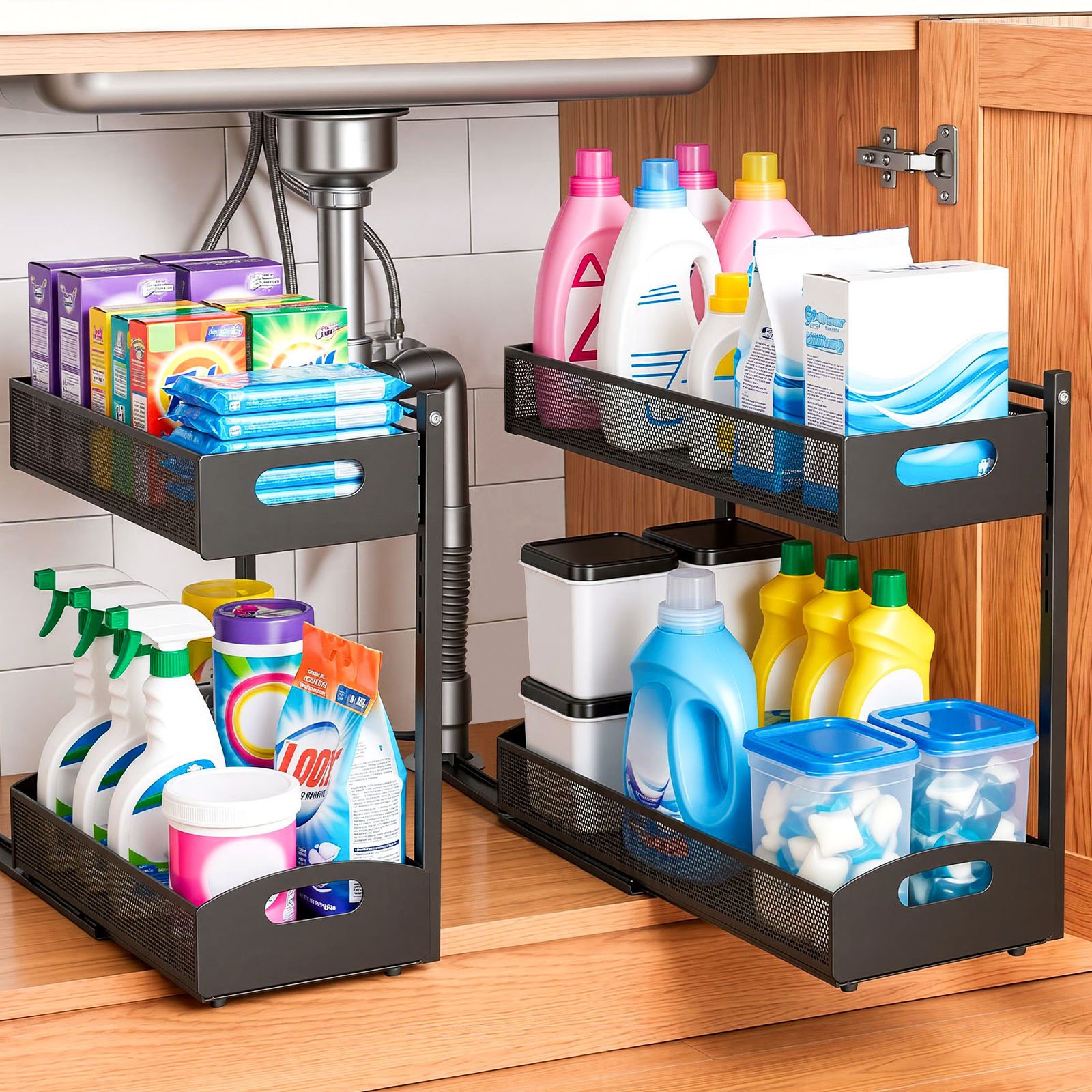 VEVOR Under Sink Organizer, 2 Pack 2-Tier Pull Out Cabinet Organizer with 4-Level Height Adjustment, Metal Slide Out Shelf, Multi-Purpose Cabinet Organizers and Storage for Bathroom & Kitchen, Black