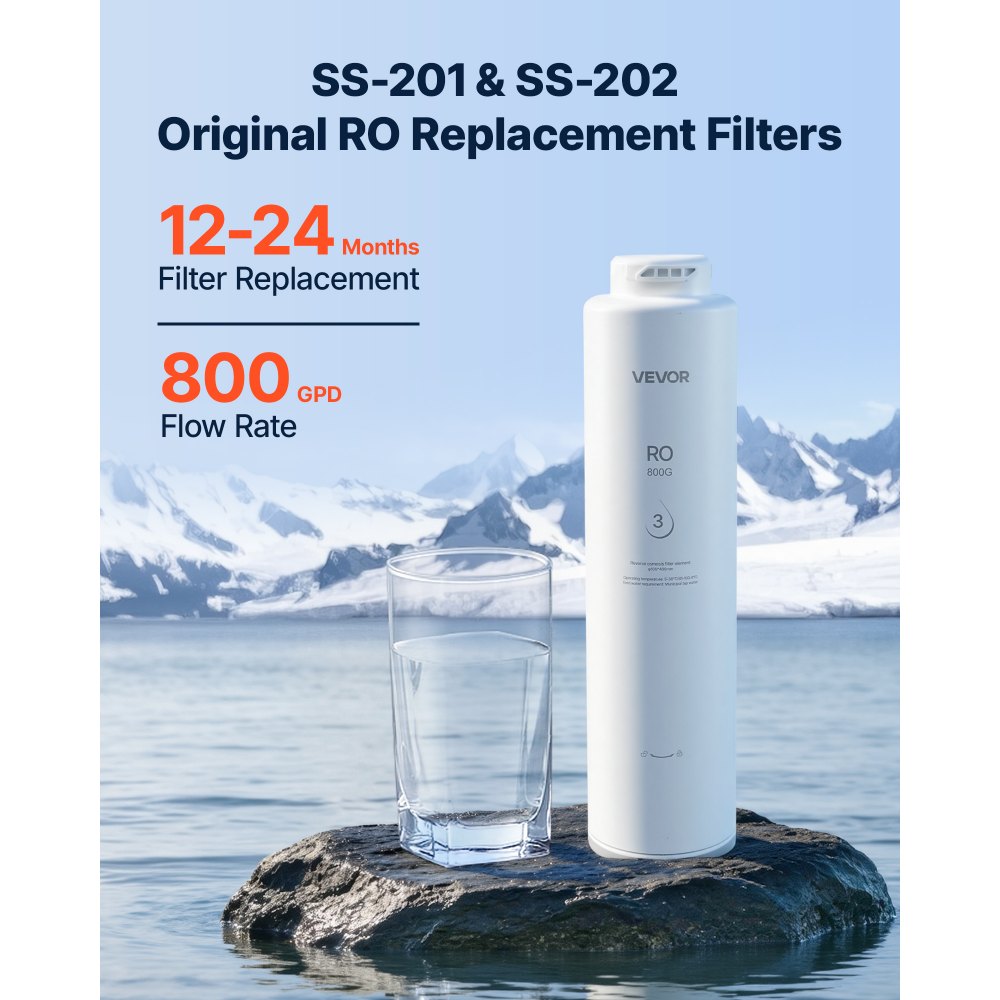 VEVOR Reverse Osmosis System 800 GPD 10-Stage RO Replacement Cartridge, Water Filter Replacement for 24 Months, Reduces TDS and Lead, Compatible with SS-201 & SS-202 under Sink Water Filter Systems