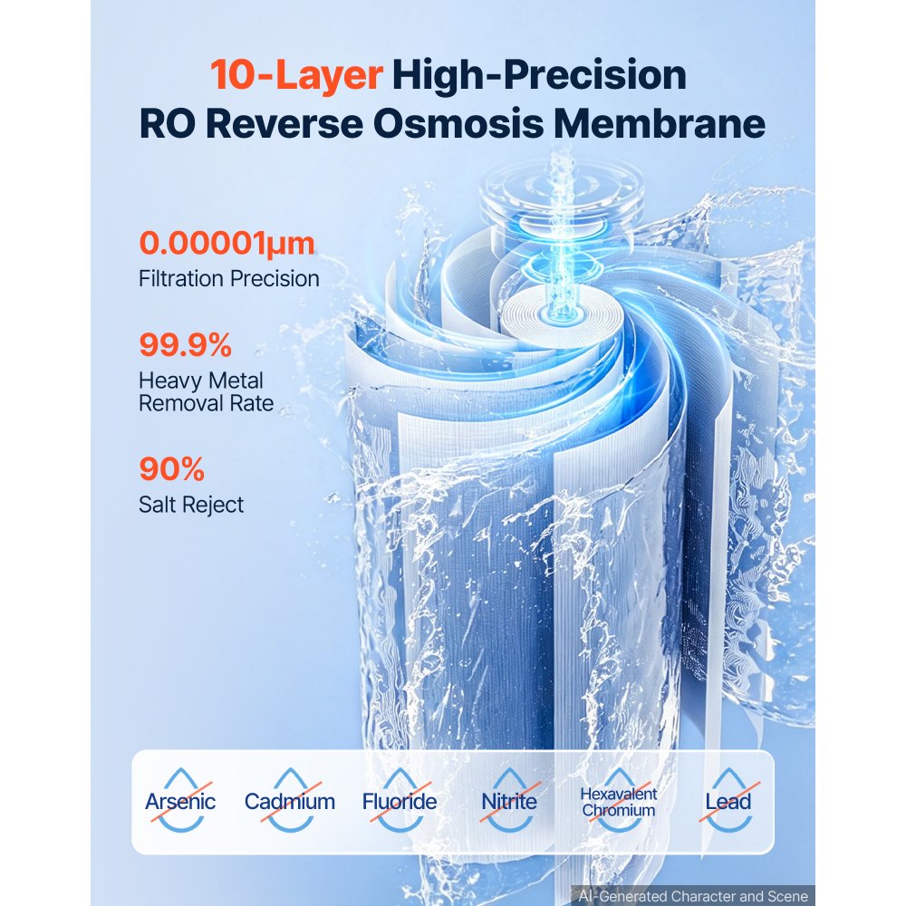 VEVOR Reverse Osmosis System 800 GPD 10-Stage RO Replacement Cartridge, Water Filter Replacement for 24 Months, Reduces TDS and Lead, Compatible with SS-201 & SS-202 under Sink Water Filter Systems