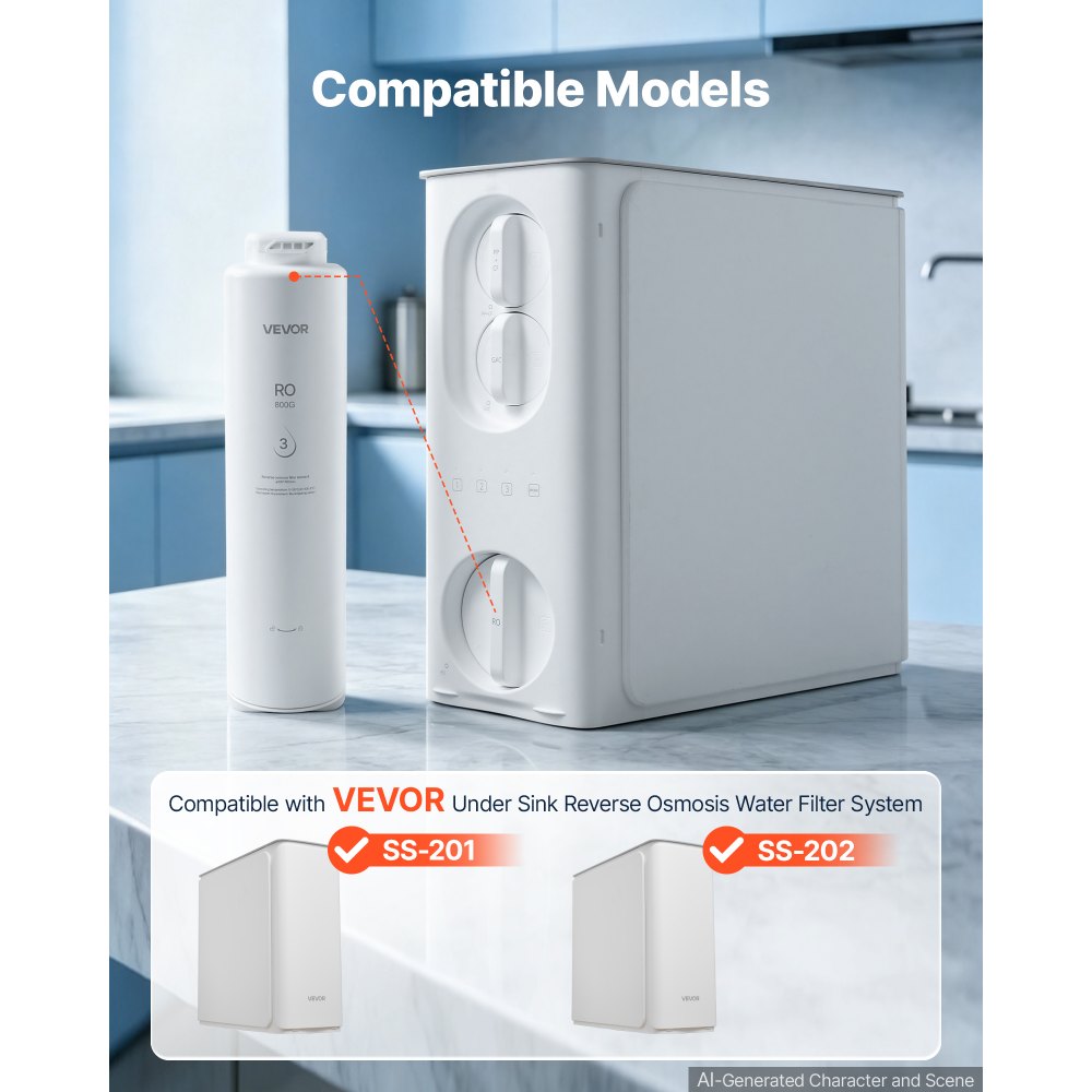 VEVOR Reverse Osmosis System 800 GPD 10-Stage RO Replacement Cartridge, Water Filter Replacement for 24 Months, Reduces TDS and Lead, Compatible with SS-201 & SS-202 under Sink Water Filter Systems