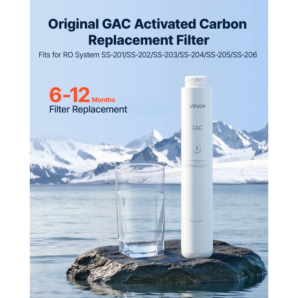 VEVOR Reverse Osmosis System GAC Activated Carbon Replacement Filter for RO, Easy Replacement for 12 Months, Reduces Discoloration and Odor, Fits RO System SS-201/SS-202/SS-203/SS-204/SS-205/SS-206