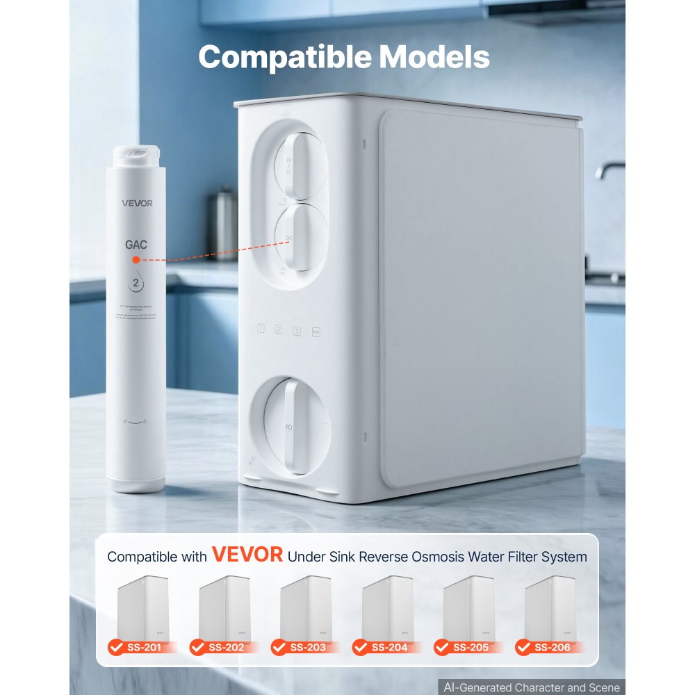 VEVOR Reverse Osmosis System GAC Activated Carbon Replacement Filter for RO, Easy Replacement for 12 Months, Reduces Discoloration and Odor, Fits RO System SS-201/SS-202/SS-203/SS-204/SS-205/SS-206