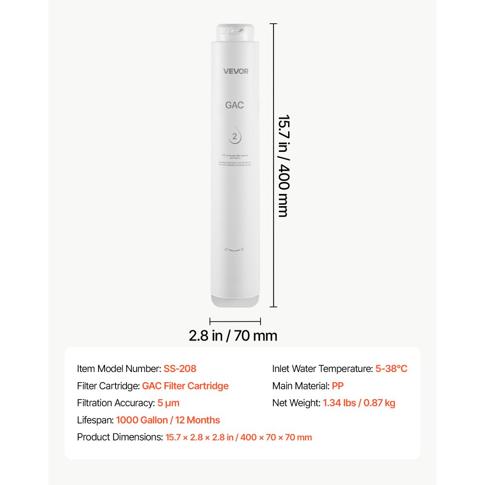 VEVOR Reverse Osmosis System GAC Activated Carbon Replacement Filter for RO, Easy Replacement for 12 Months, Reduces Discoloration and Odor, Fits RO System SS-201/SS-202/SS-203/SS-204/SS-205/SS-206